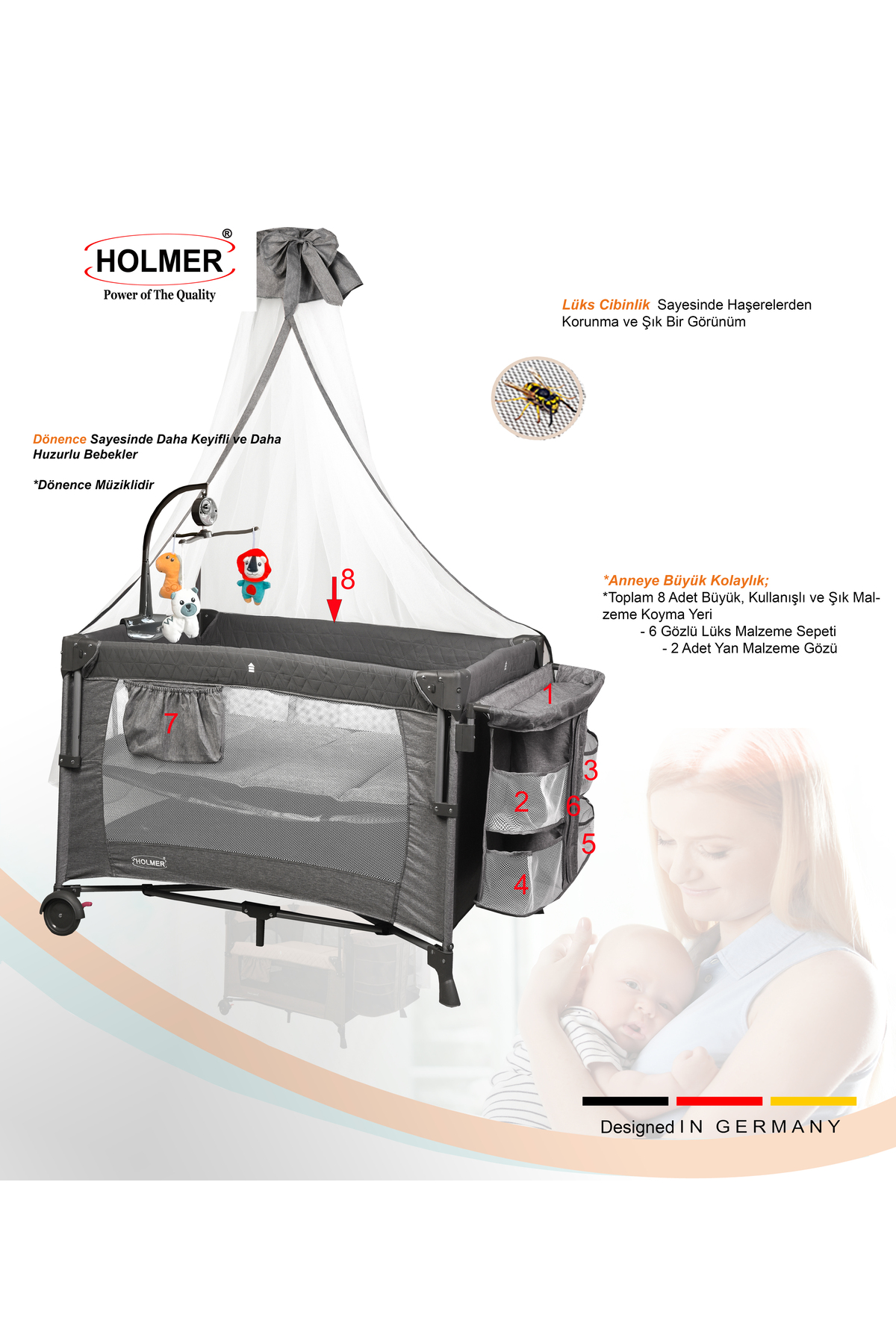 Holmer Coolstyle Premium Cibinlikli Dönenceli Anne Yanı Oyun Parkı Beşik 70x110cm Koyu Gri fotoğrafı 7 (önizleme)