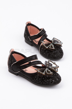 p papuccum ortopedi çocuk ayakkabıları Kız Çocuk Siyah Taşlı Fiyonklu Kaydırm...