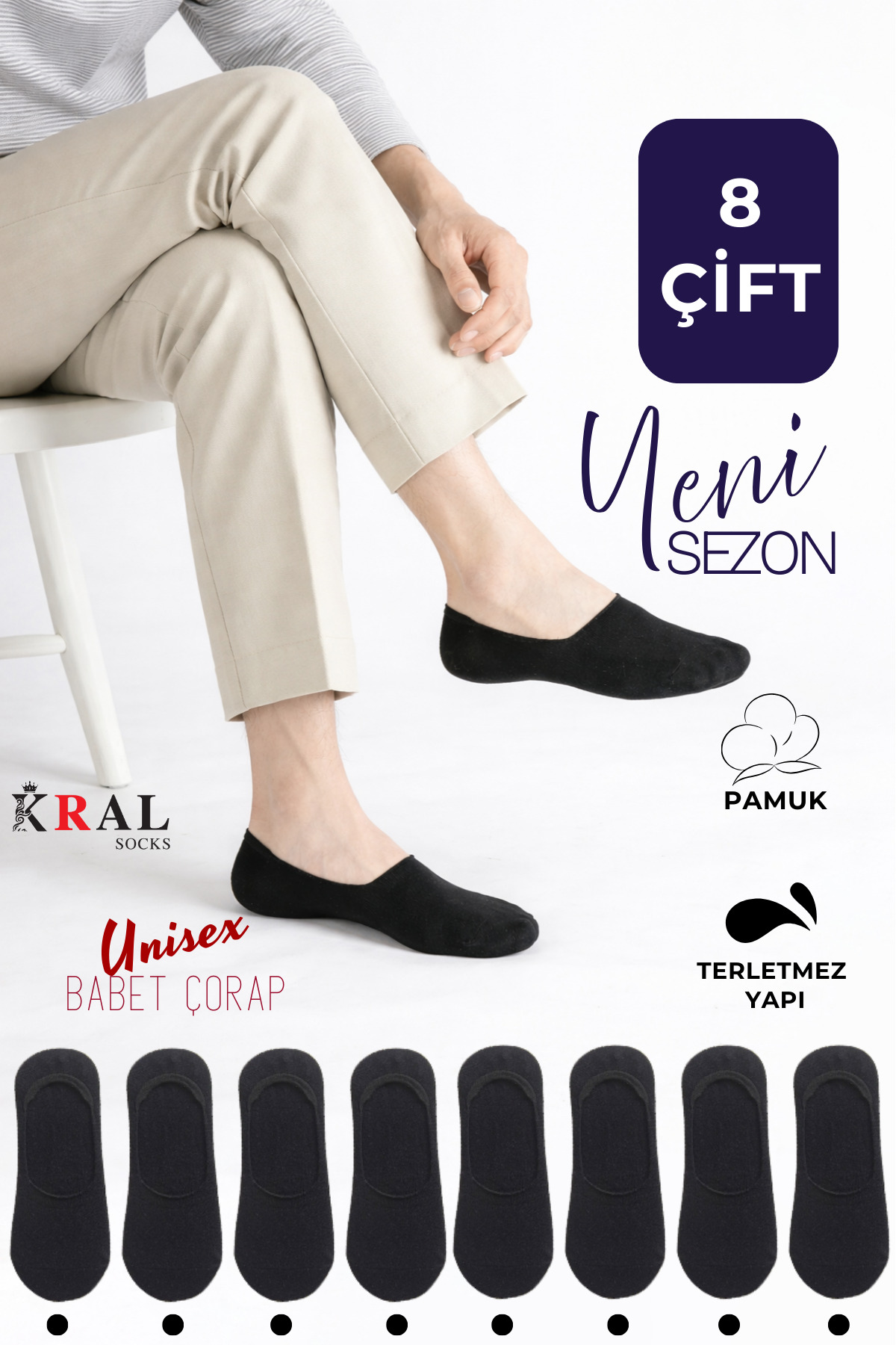 KRAL SOCKS 8 Çift Unisex Pamuklu Düz Desen Terletmez Görünmez Babet Çorap