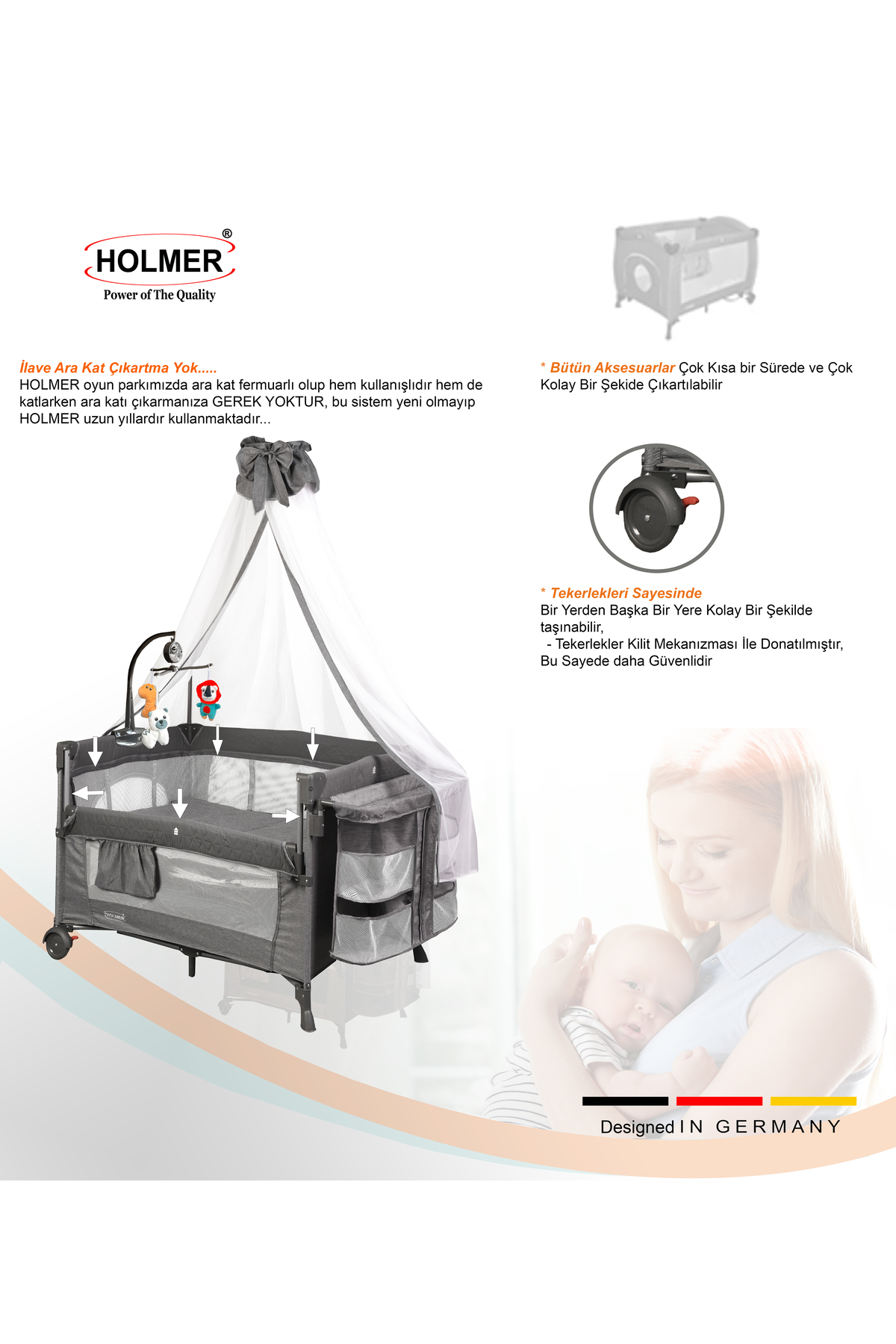 Holmer Coolstyle Premium Cibinlikli Dönenceli Anne Yanı Oyun Parkı Beşik 70x110cm Koyu Gri fotoğrafı 5 (önizleme)