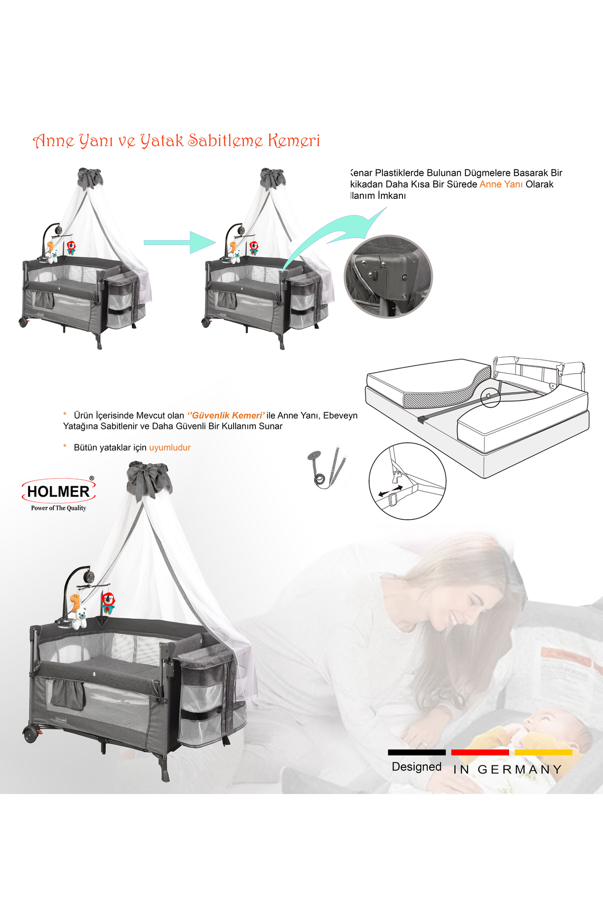 Holmer Coolstyle Premium Cibinlikli Dönenceli Anne Yanı Oyun Parkı Beşik 70x110cm Koyu Gri fotoğrafı 3 (önizleme)