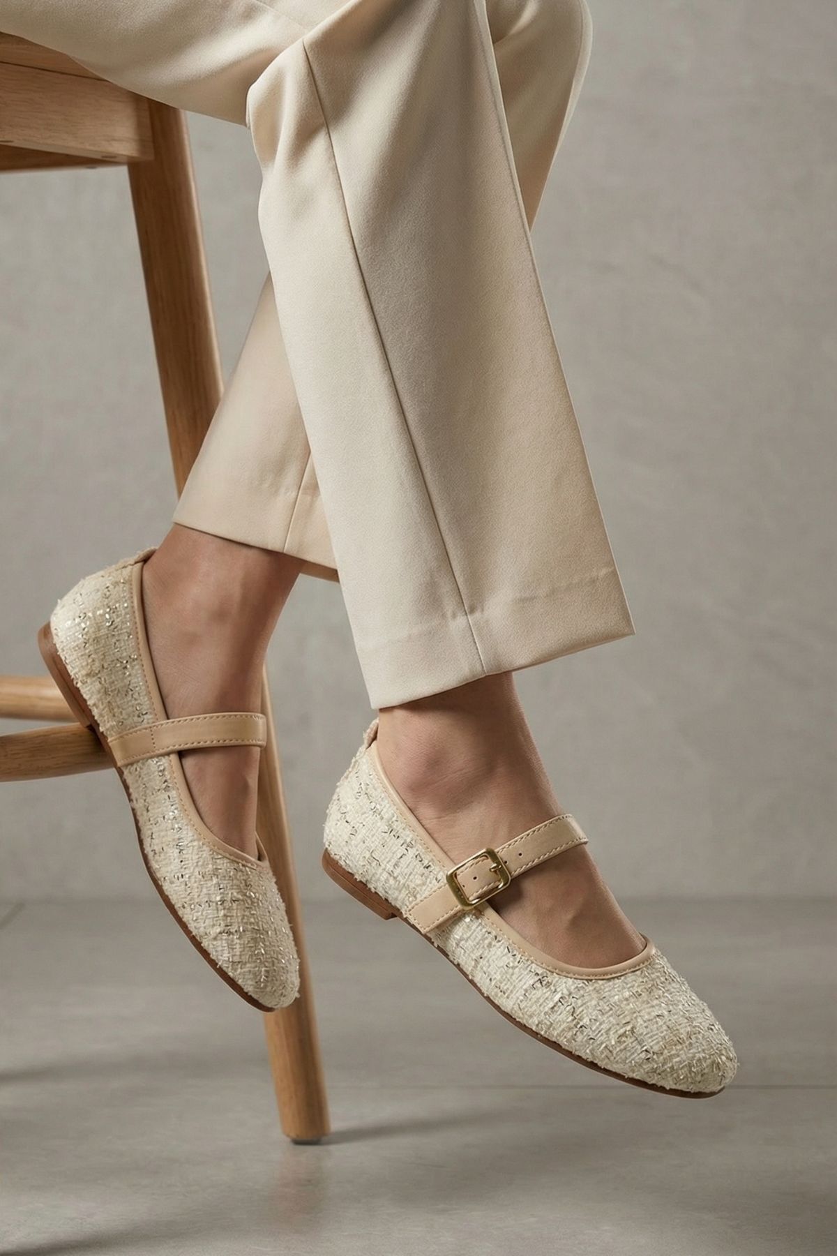 Beyond   Bej Tüvit Kumaş Mary Jane Babet Şık Tokalı Rahat Taban Günlük Ayakkabı BYNDLCK01 - Görsel 4