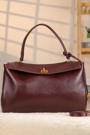 Aksesuarlia Bordo Renk Deri Çanta Omuz Askılı - Hakiki Deri 40347