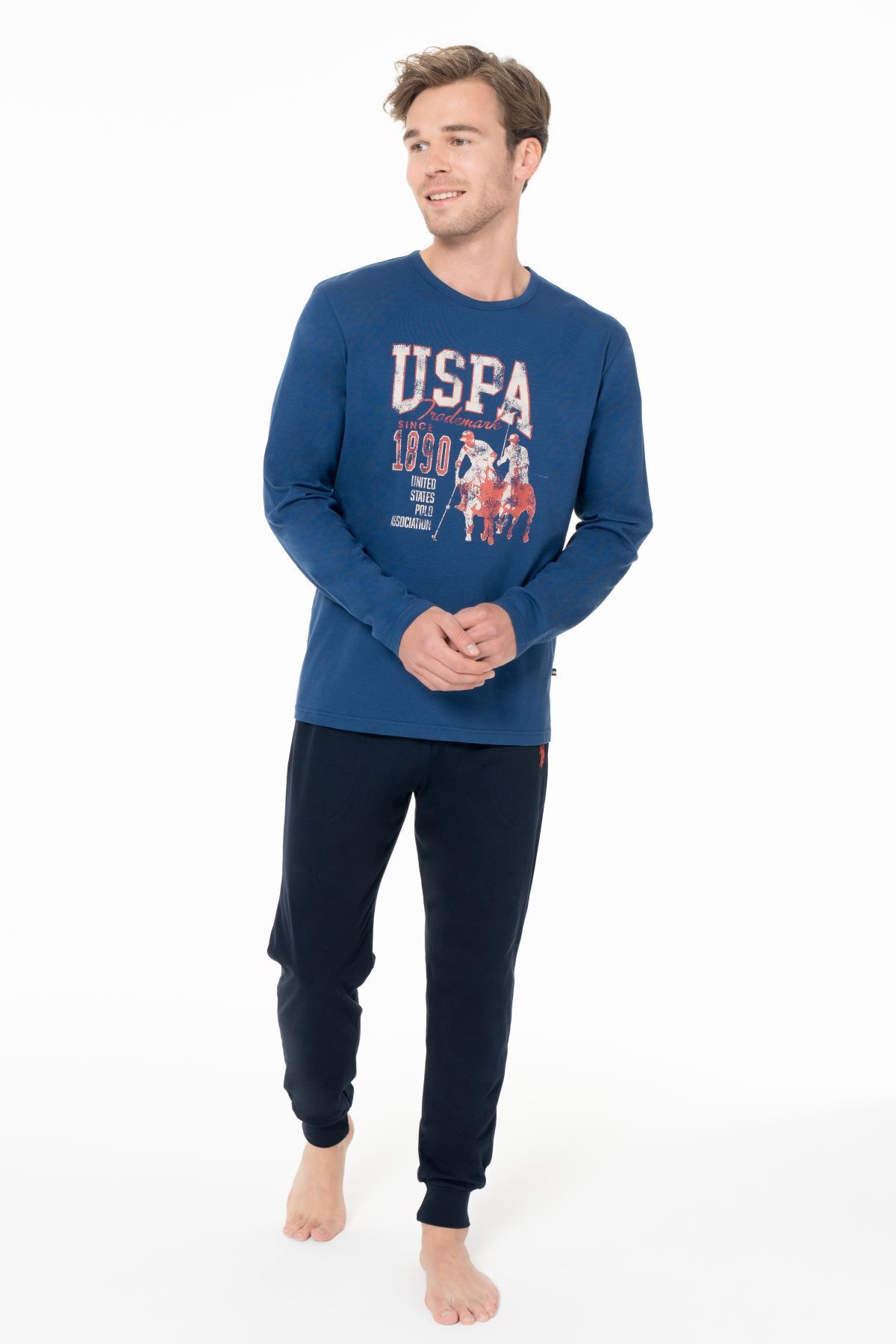 یو اس پولو ست لباس خواب مردانه یقه گرد آستین بلند با سرآستین‌های نواری، برند U.S. Polo Assn. 18955 - حراج