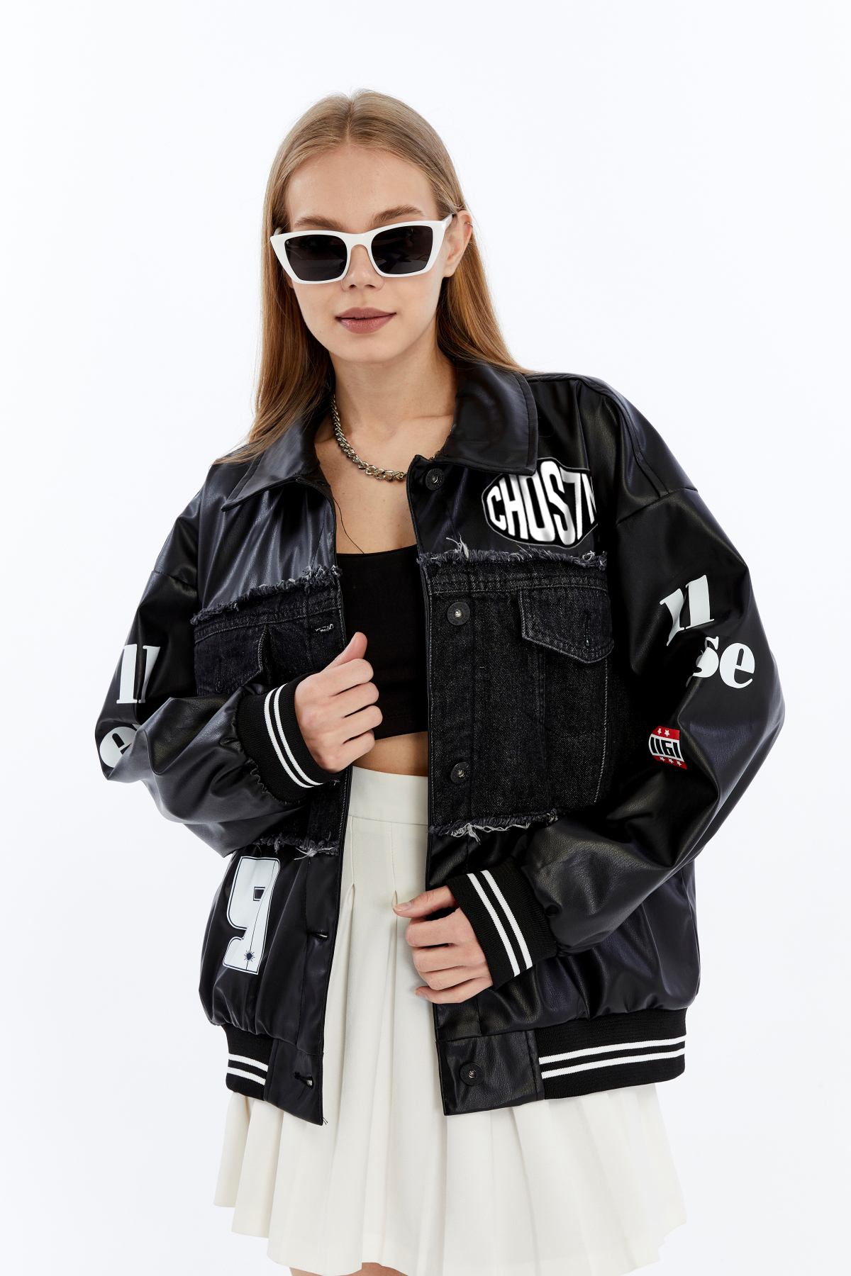 CHOS7N  Kadın Oversize Deri Ve Kot Birleşimi Baskılı Kolej Mont Ribanalı Bomber Ceket Motorcu Yarışçı Mont - Görsel 3