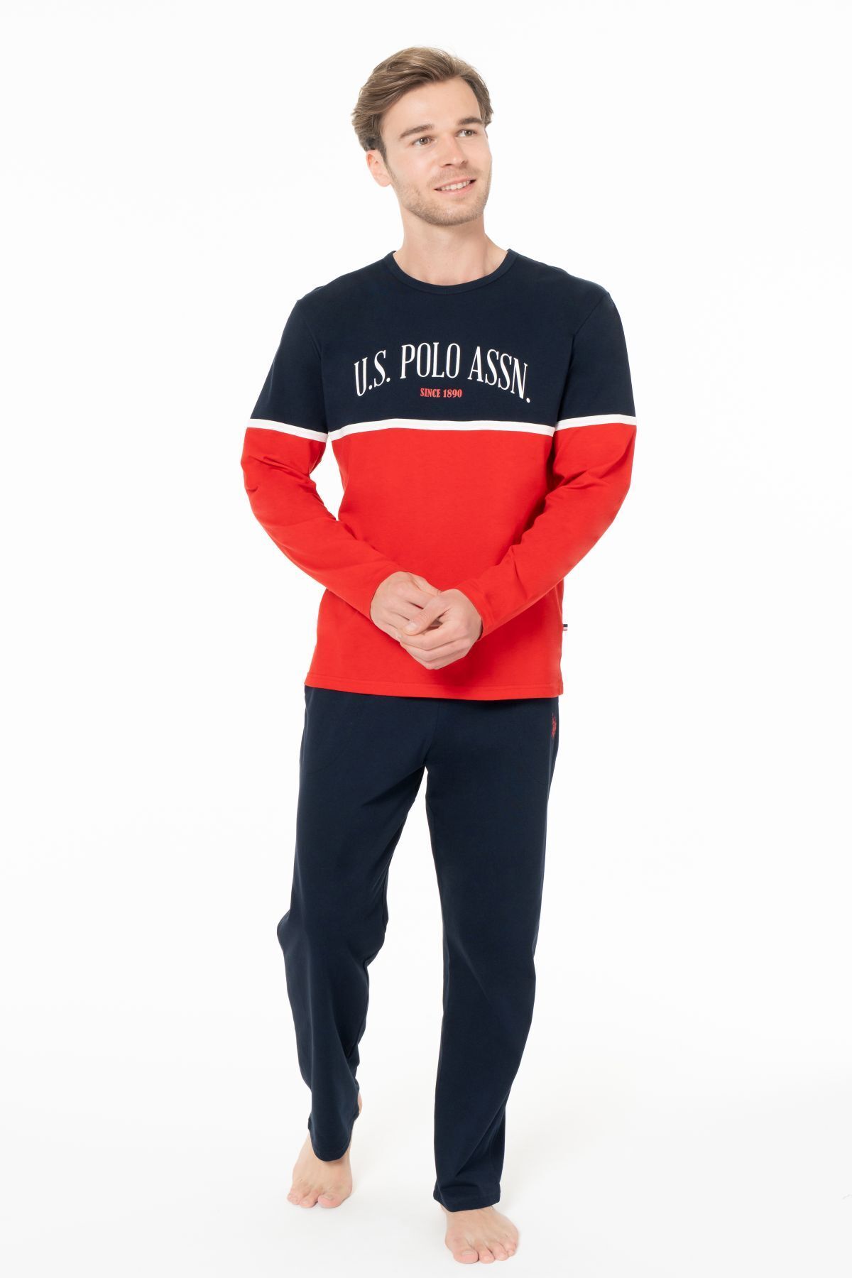 یو اس پولو ست لباس خواب مردانه یقه گرد آستین بلند U.S. Polo Assn. 18952 - قرمز - قرمز - خیلی بزرگ