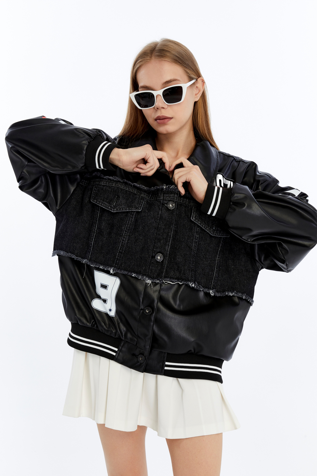 CHOS7N  Kadın Oversize Deri Ve Kot Birleşimi Baskılı Kolej Mont Ribanalı Bomber Ceket Motorcu Yarışçı Mont - Görsel 6