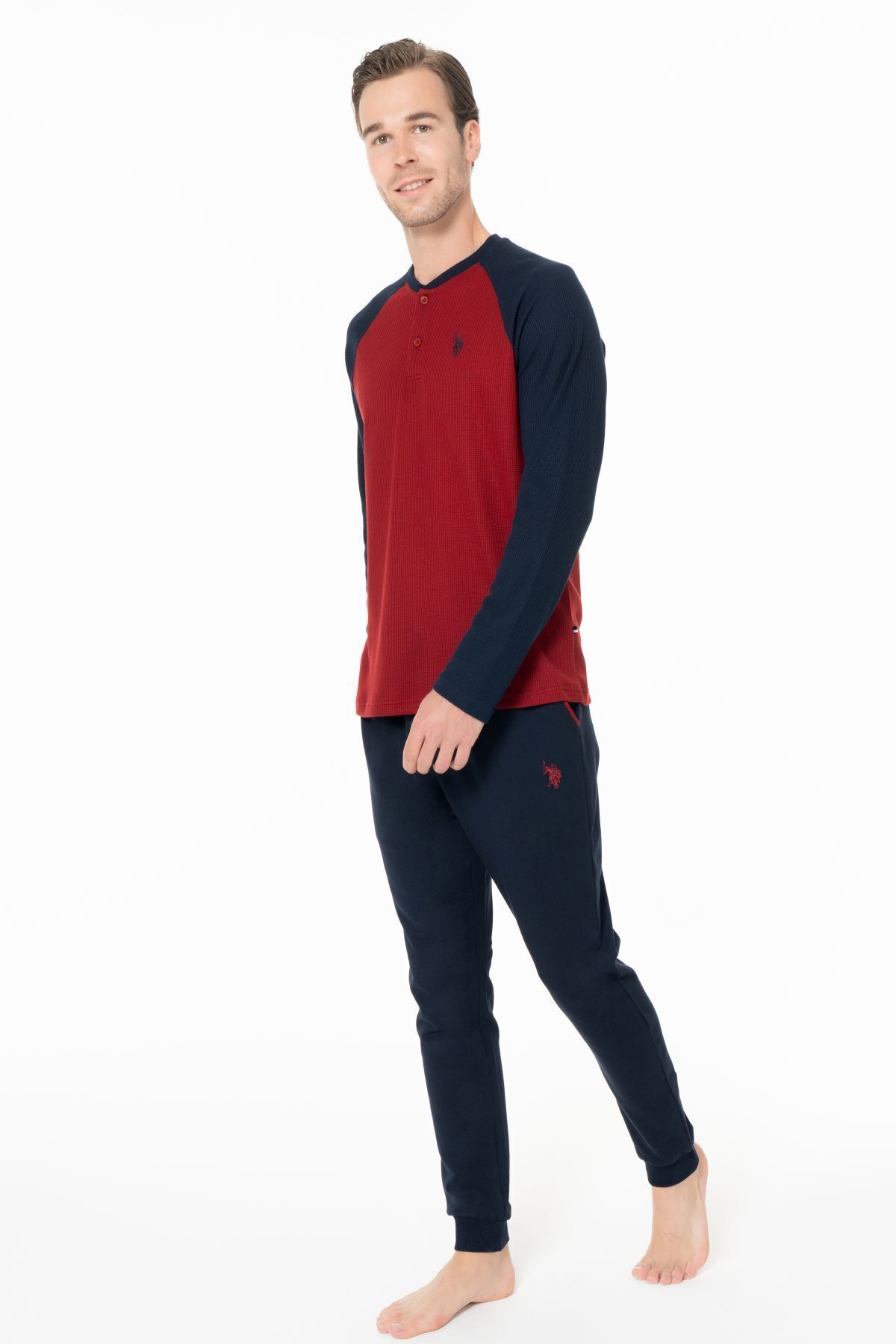 یو اس پولو پیراهن مردانه سایز بزرگ آستین بلند یقه سه دکمه یو اس پولو مدل 18960B