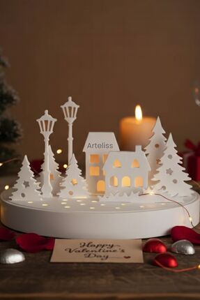 Arteliss Kar Evi Manzarası Tealight Mumlu Standlı Dekor Seti | Yılbaşı ve Kış...