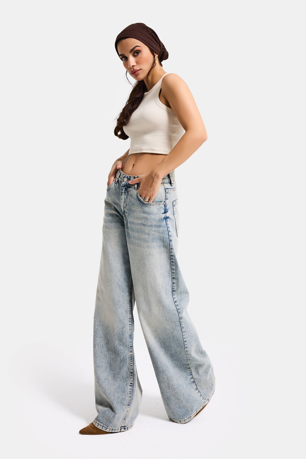 it's basic  Kadın T.Kot Rengi Hera 4s6-67 Palazzo Fit %100 Koton Orta Bel Denim Jean - Görsel 4