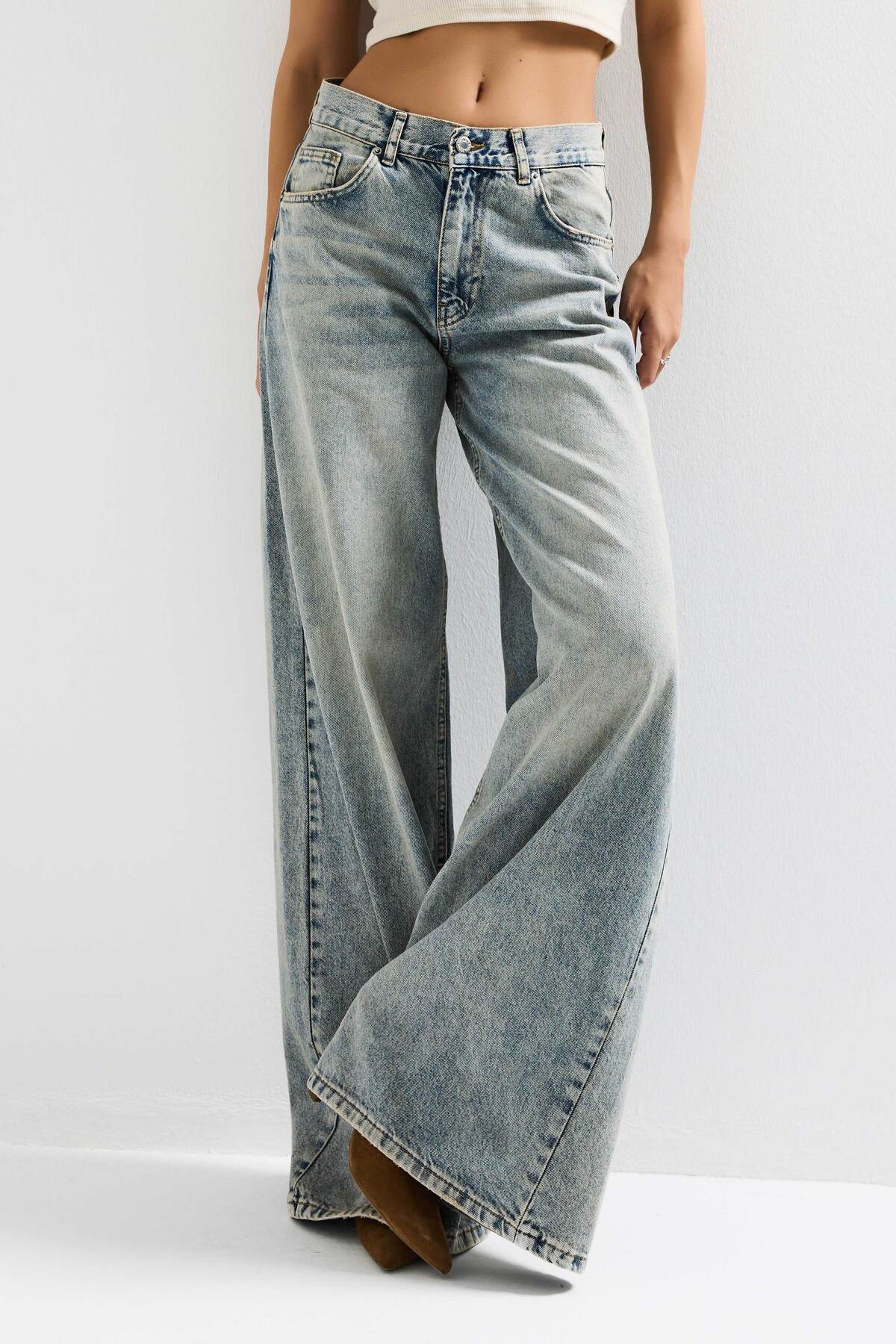 it's basic  Kadın T.Kot Rengi Hera 4s6-67 Palazzo Fit %100 Koton Orta Bel Denim Jean