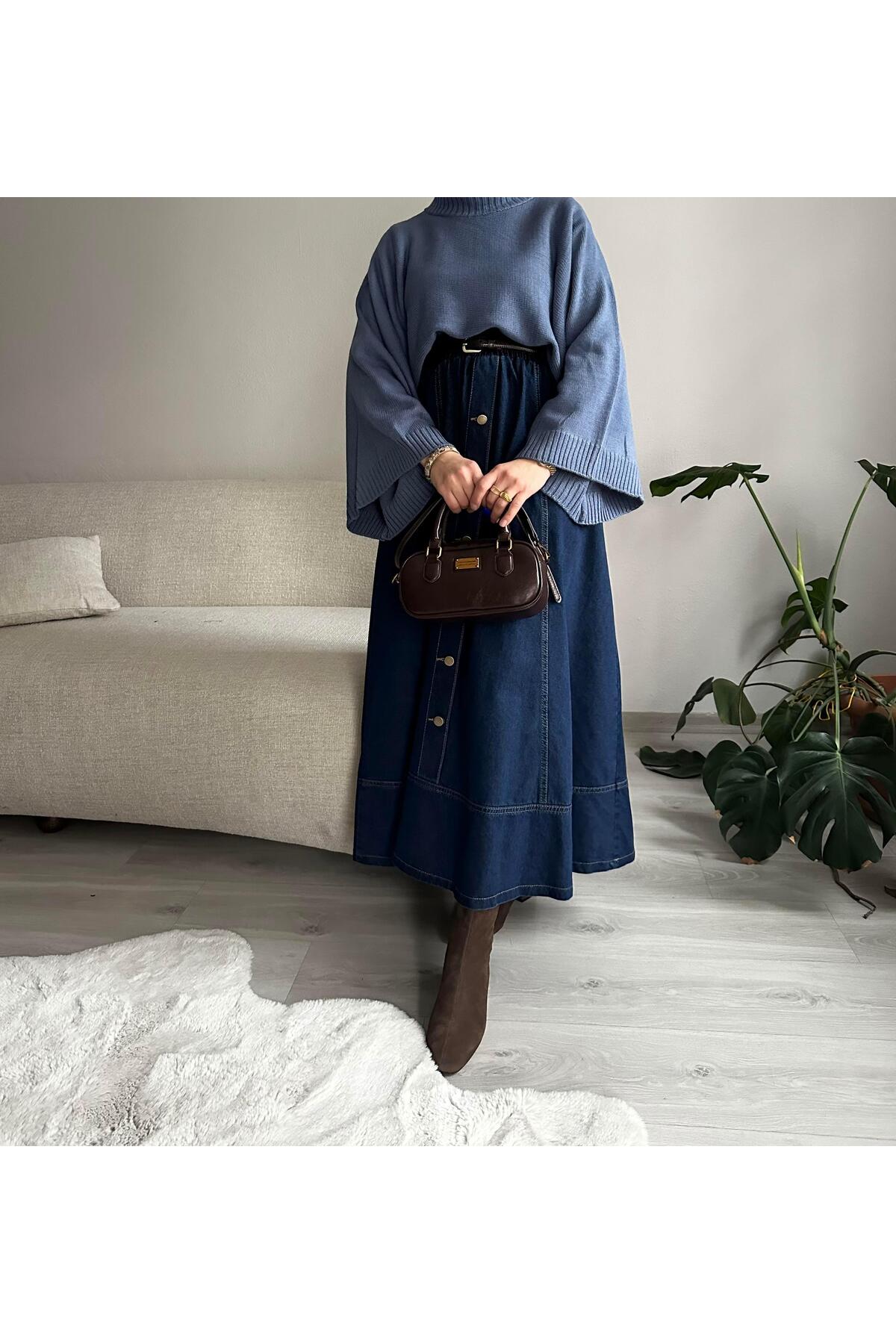 Muennesofi  Koyu Lacivert Düğmeli Kot Kloş Etek - Görsel 7