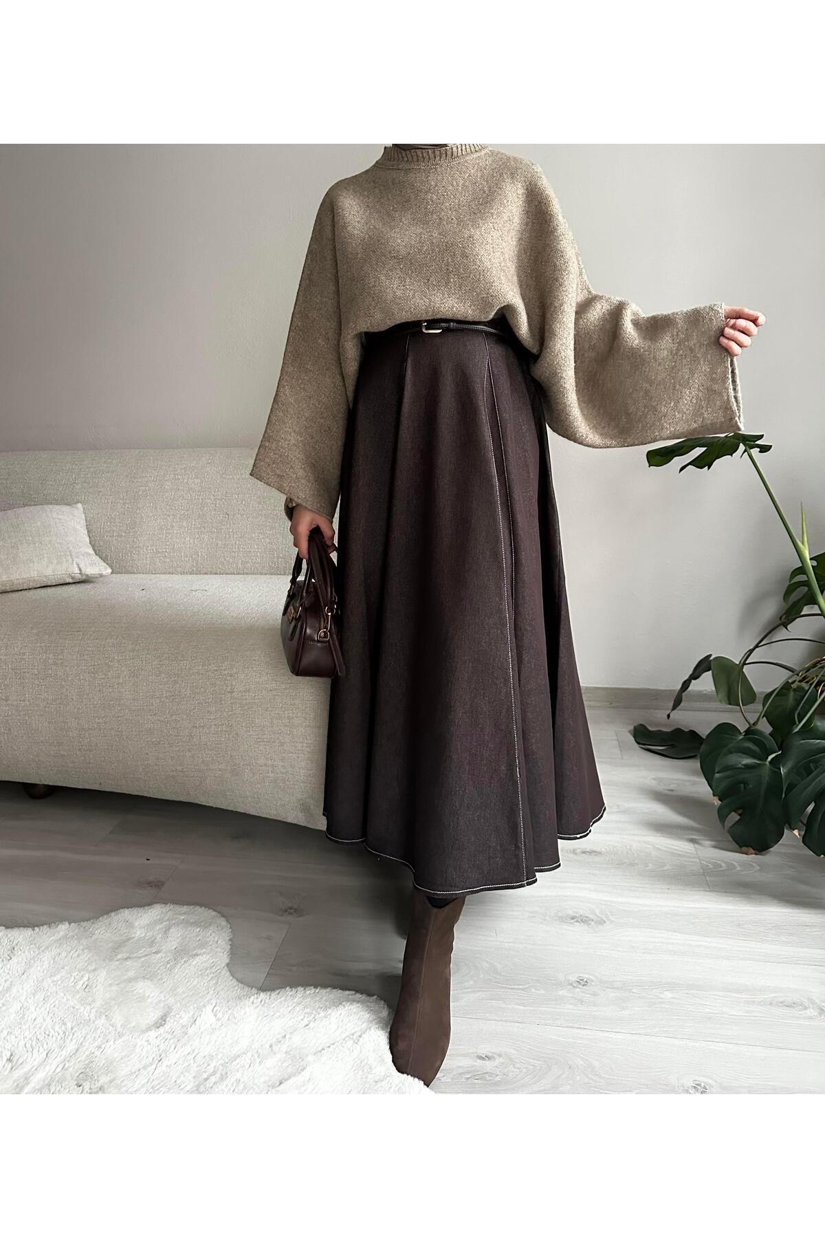 Muennesofi  Acı Kahve Parçalı Kot Etek - Görsel 3