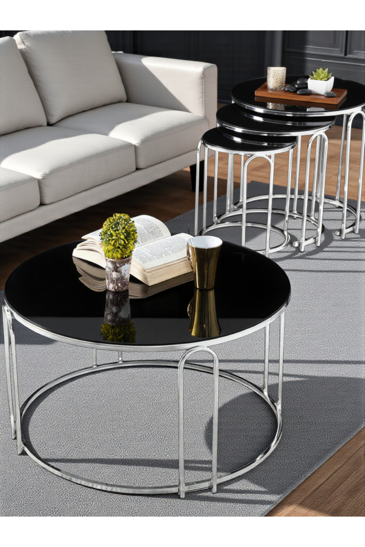 Lenka Zigon Orta Sehpa Takımı Yuvarlak Gümüş Metal 3+1 - SİYAH AYNALI KIRILMAZ (TEMPERLİ) CAM