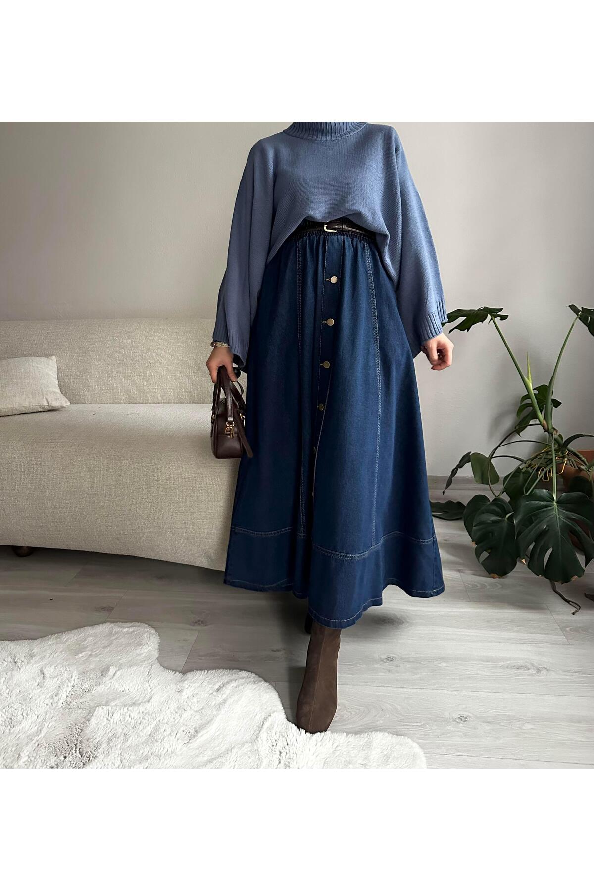 Muennesofi  Koyu Lacivert Düğmeli Kot Kloş Etek - Görsel 5