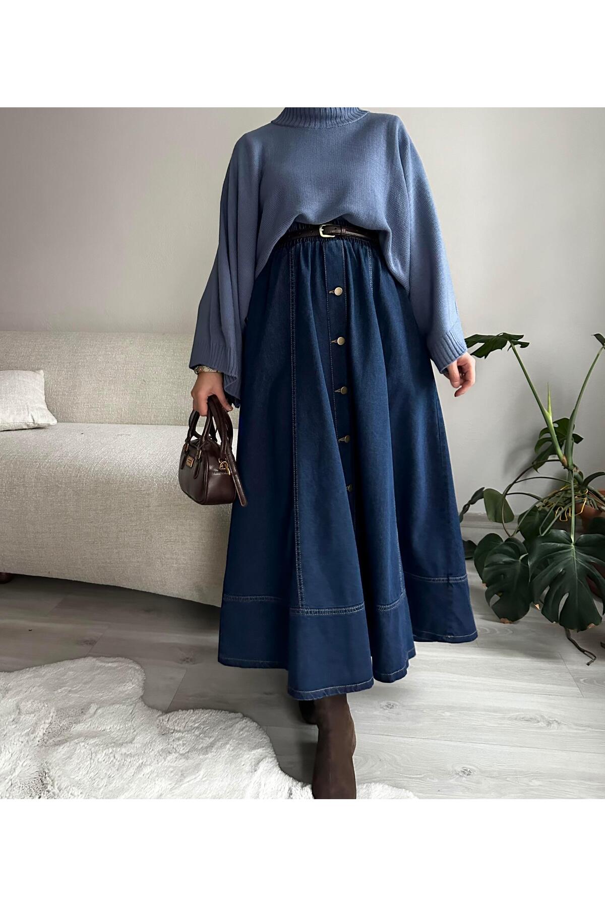 Muennesofi  Koyu Lacivert Düğmeli Kot Kloş Etek - Görsel 2