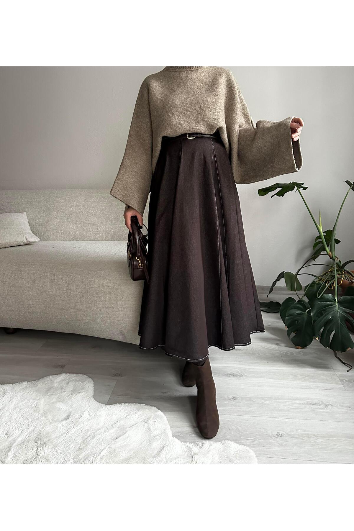 Muennesofi  Acı Kahve Parçalı Kot Etek - Görsel 5