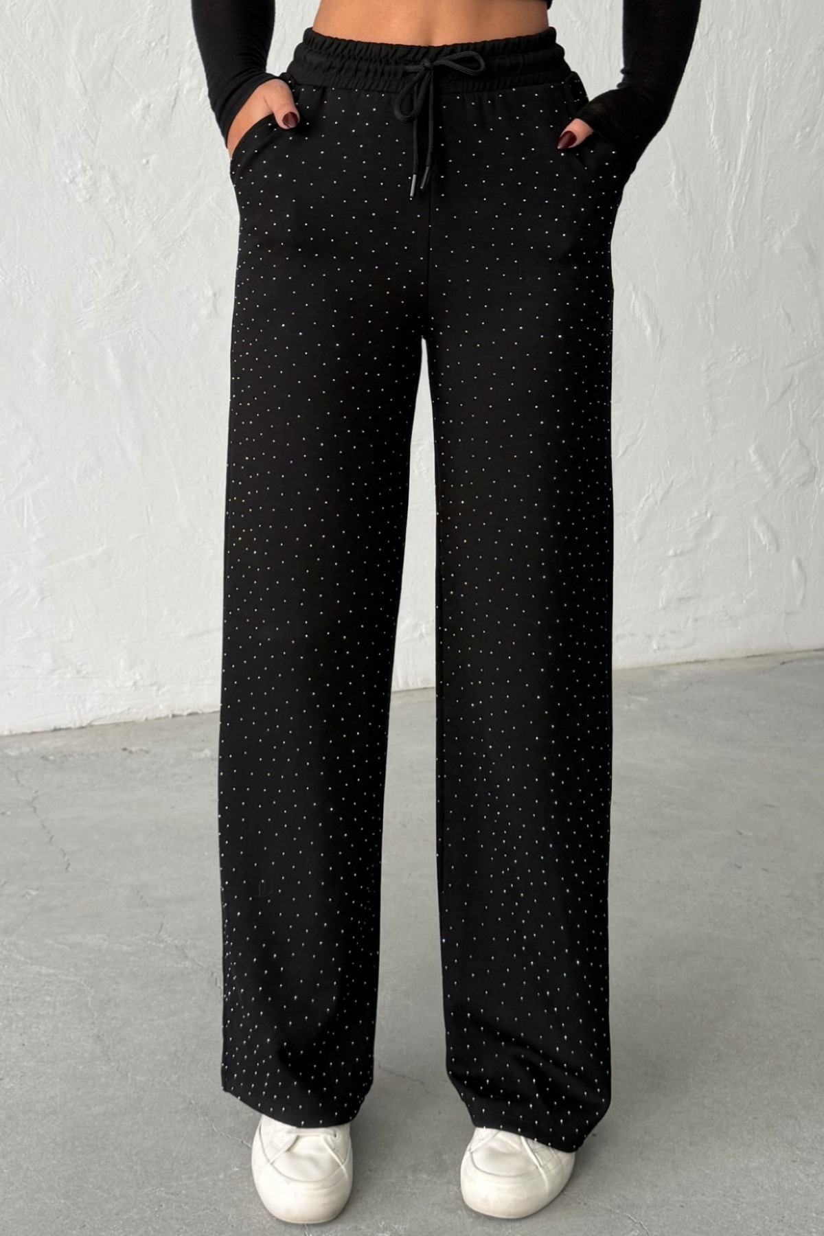 veres  Kadın Viva Siyah Taşlı Modal Kumaş Bol Paça Beli Bağcıklı Yüksek Bel Pantolon