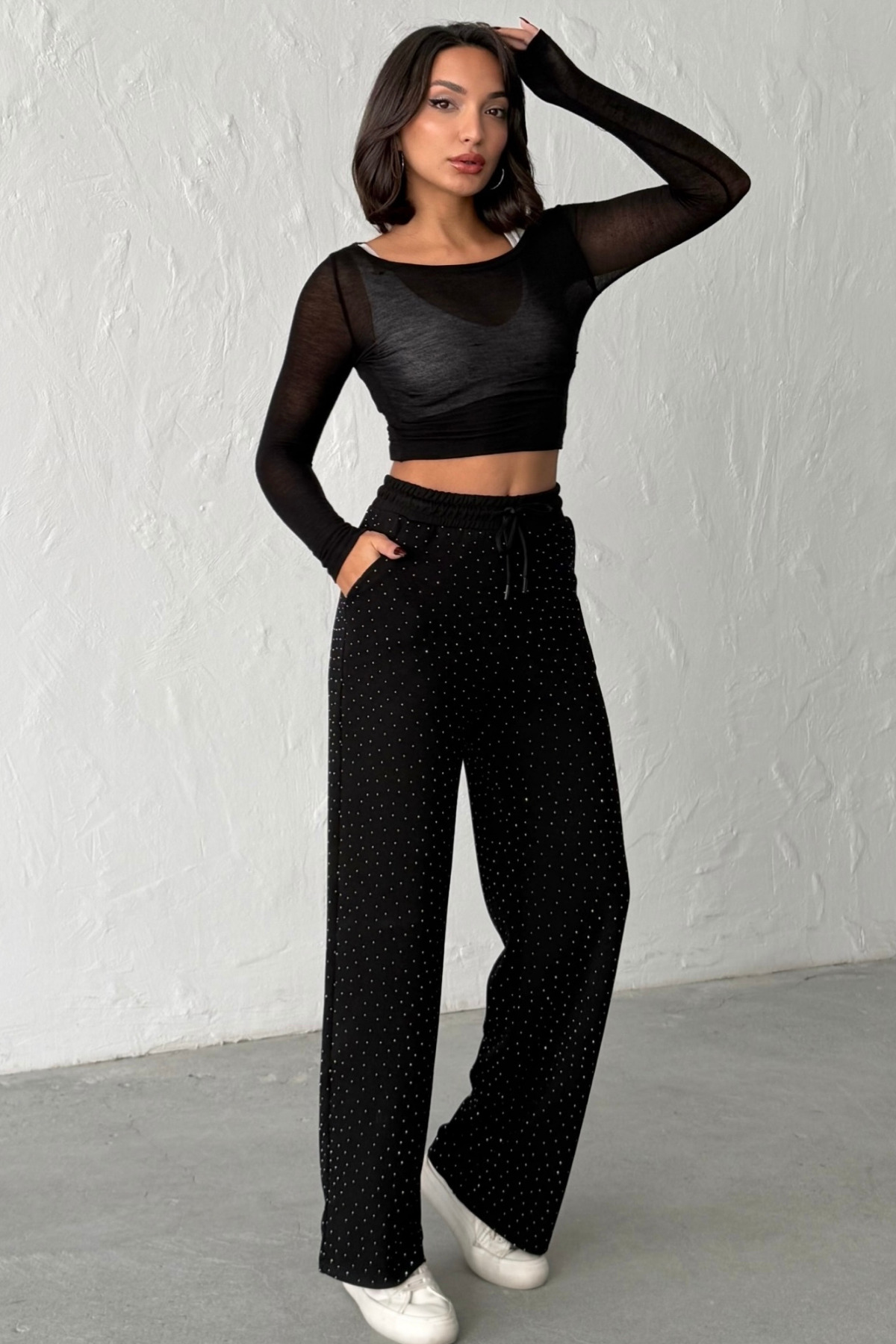 veres  Kadın Viva Siyah Taşlı Modal Kumaş Bol Paça Beli Bağcıklı Yüksek Bel Pantolon - Görsel 3