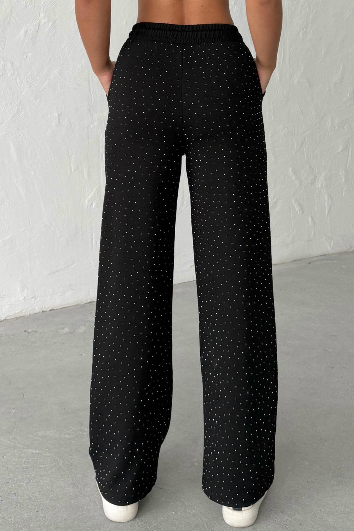 veres  Kadın Viva Siyah Taşlı Modal Kumaş Bol Paça Beli Bağcıklı Yüksek Bel Pantolon - Görsel 7