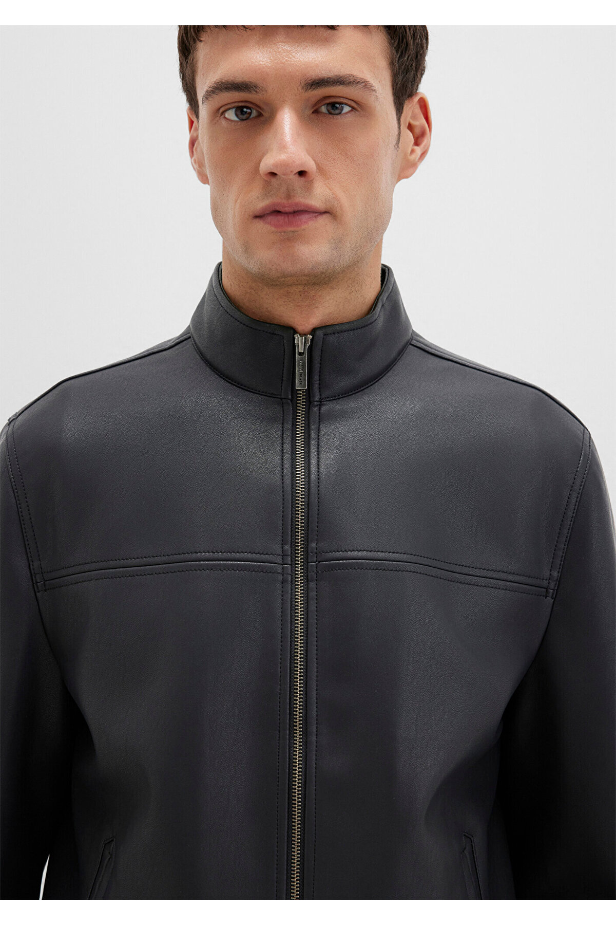 Mavi Dik Yaka Siyah Suni Deri Ceket Slim Fit / Dar Kesim 0110634-71379 görsel 5