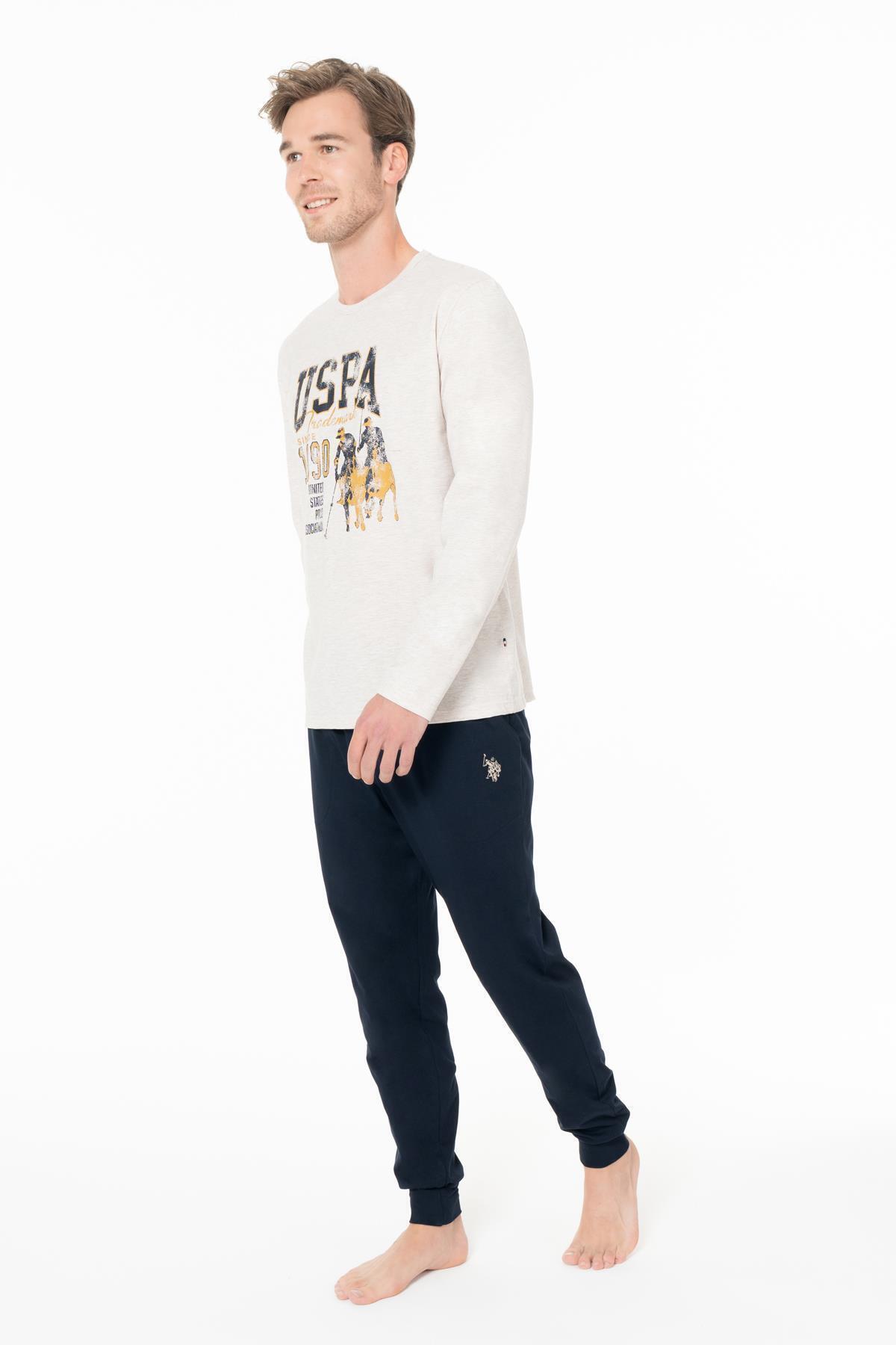 یو اس پولو ست لباس راحتی مردانه طرح‌دار نخی اسلیم فیت - بژ - سایز بزرگ