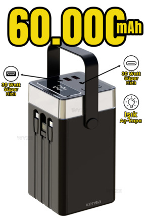 Wyze 60.000 Mah 22.5 WATT PD Hızlı Kendinden Kablolu Taşınabilir Powerbank DE...