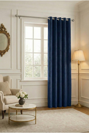 Bercem Home Kadife Dokulu Rustikli Fon Perde - Lacivert - Kuş Gözlü Dikim (Te...