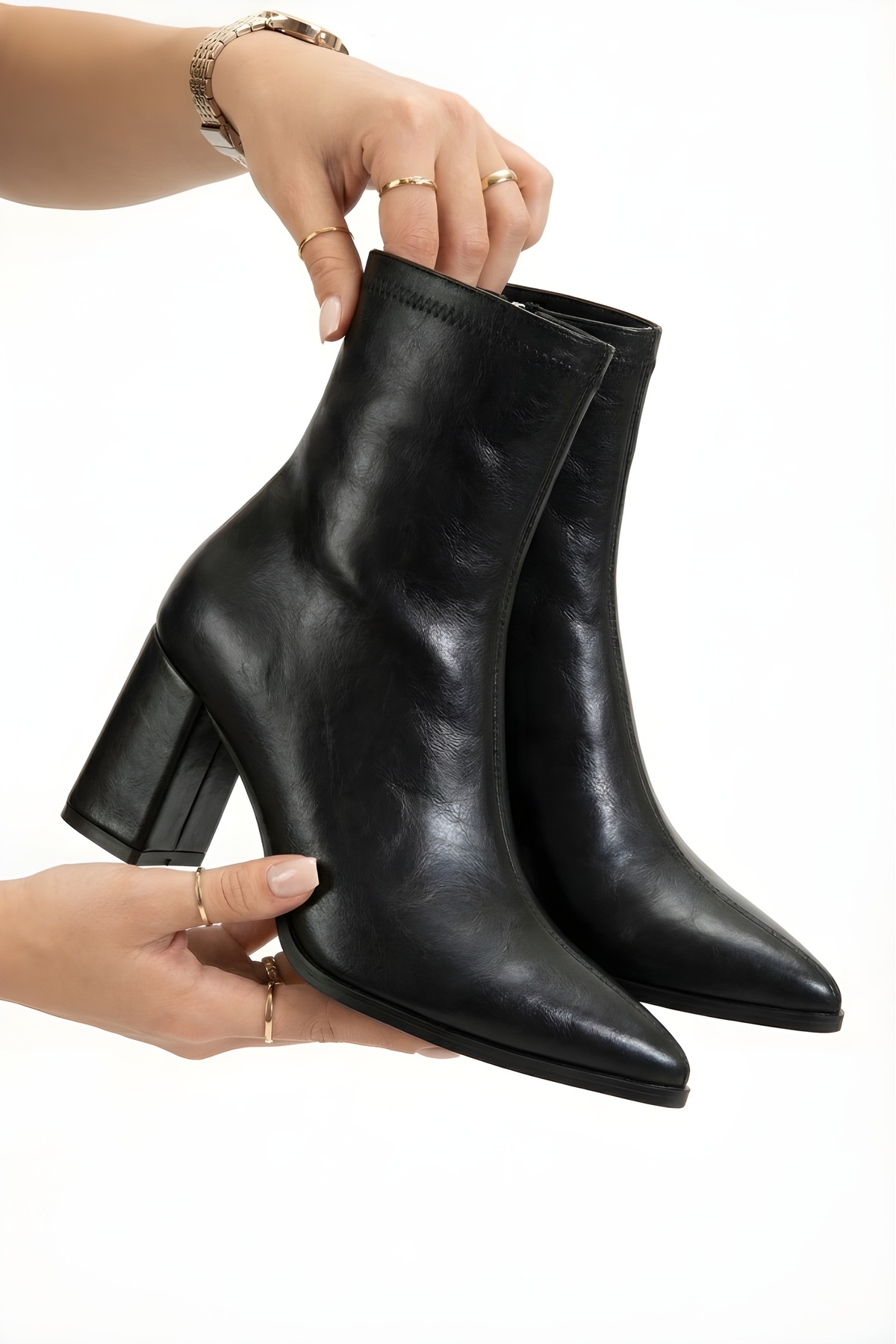 Generic Brands Women's Black Leather Heeled Boots&Bootie Pointed Toe