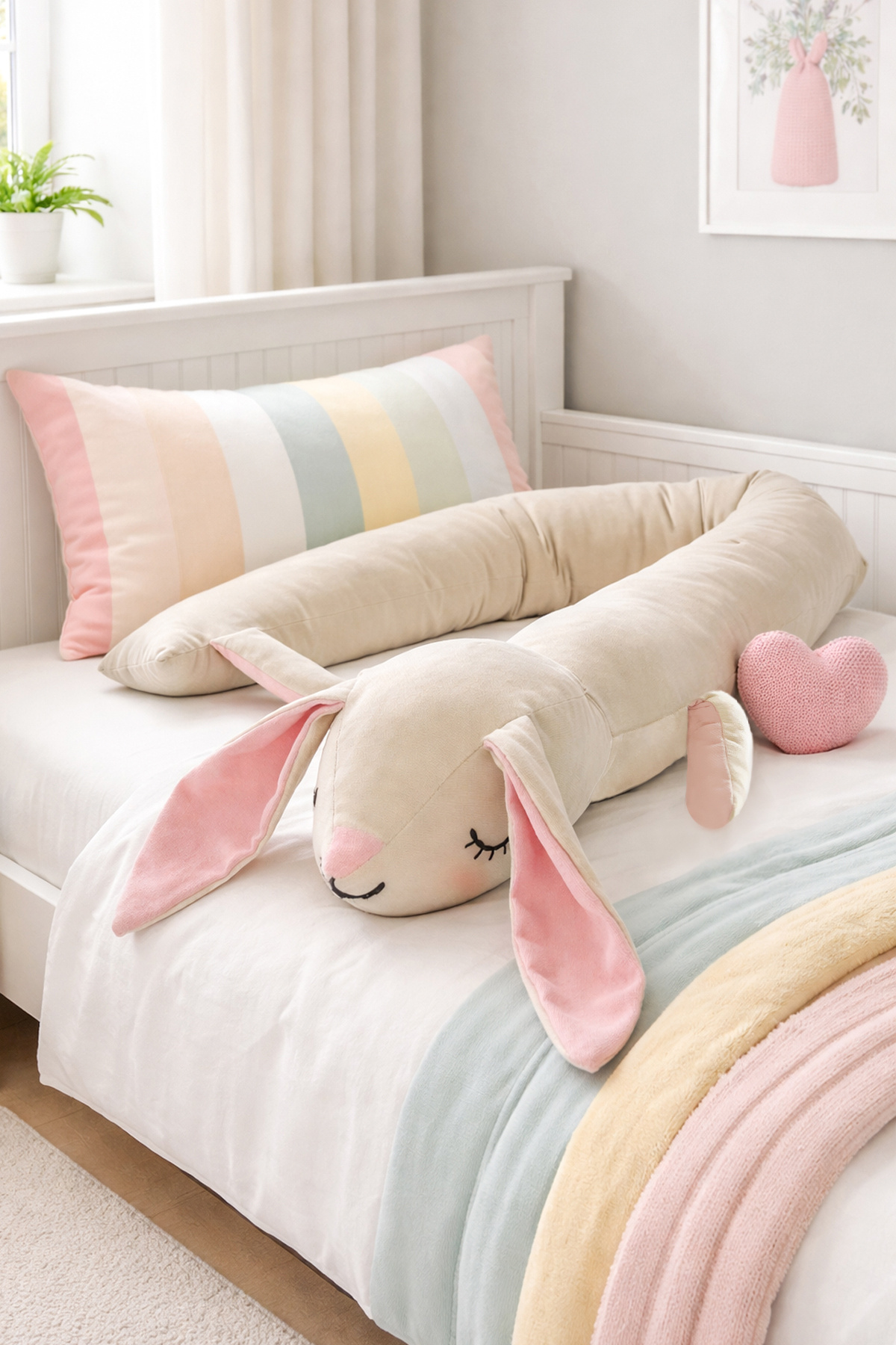 Cute Long Crib Bed Side Guard, Sleeping Friend Baby Kids Room Decorative Sausage Rabbit Pillow