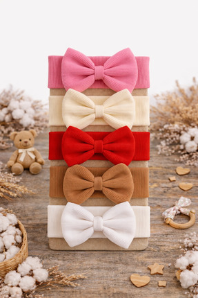 Pico Baby Kız Bebek & Çocuk Çift Kat Fiyonklu Bandana 5’li Set (Pembe/Beyaz/K...