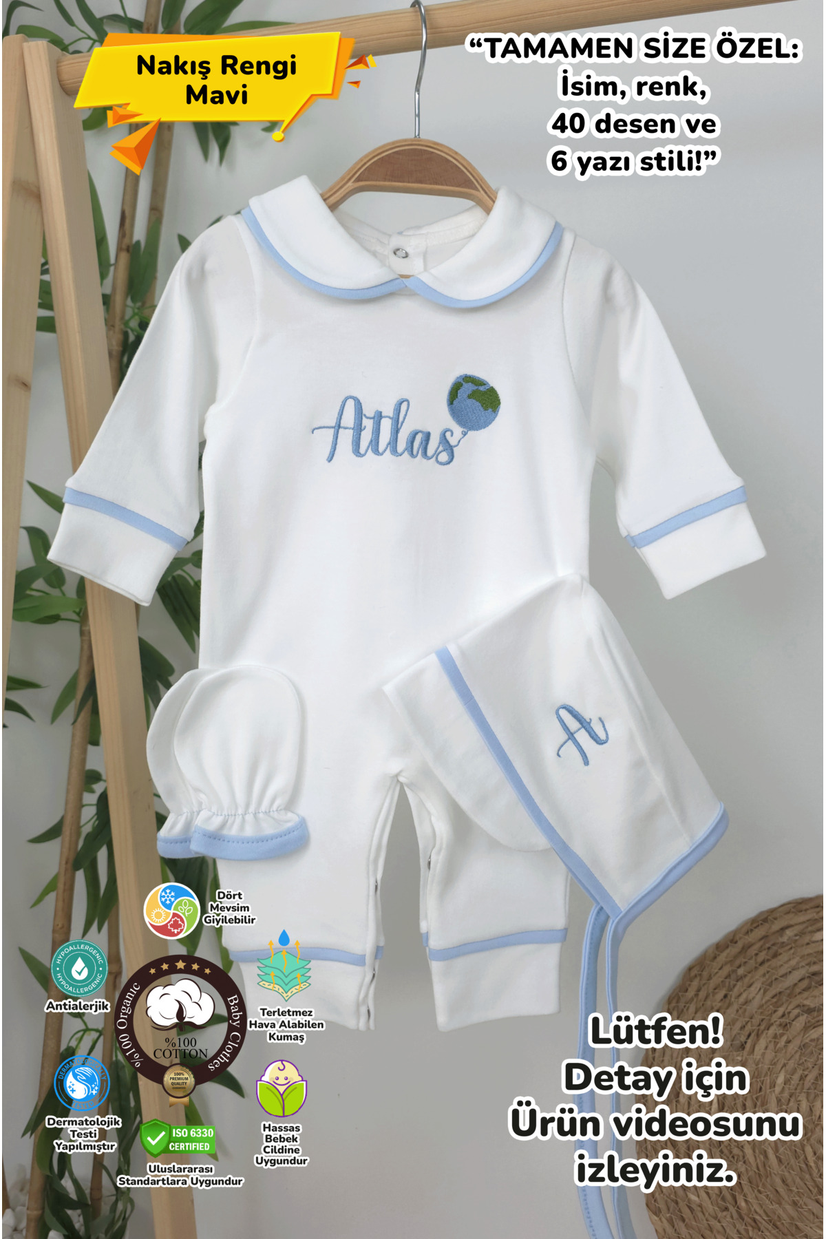 Blue Bio 100% Cotton Hospital Exit Set Atlas Model-1 (EMBROIDERY PATTERN WITH PERSONALIZED NAME)