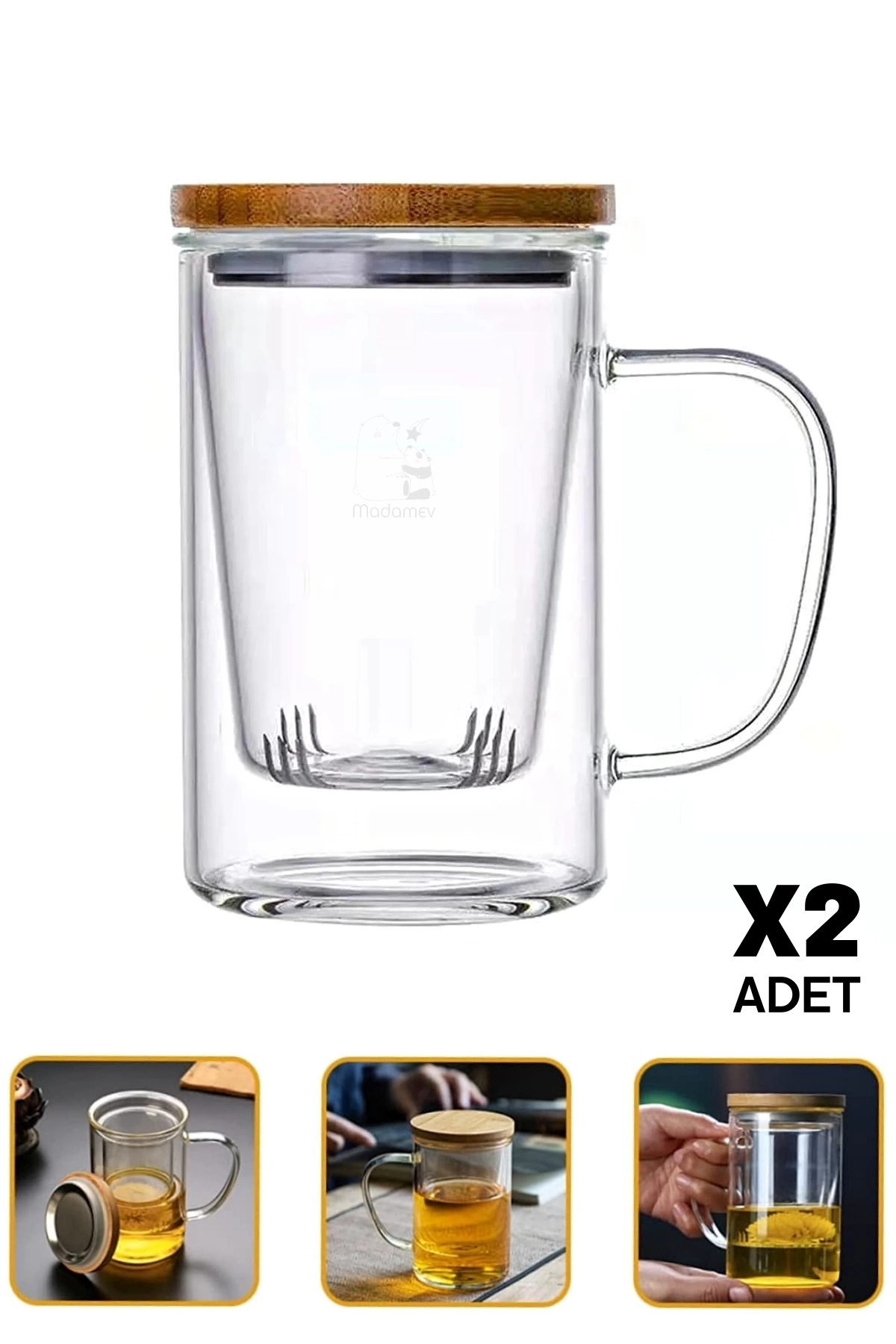 2-Piece Borosilicate Glass Strainer Mug with Bamboo Lid Teapot with Handle Style Double Layer Herbal Tea Cup 600ml