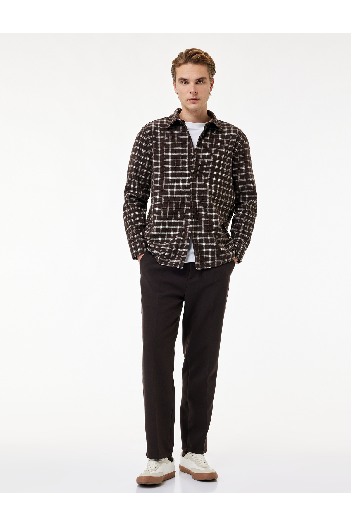 کوتون پیراهن آستین بلند چهارخانه یقه کلاسیک معمولی فیت