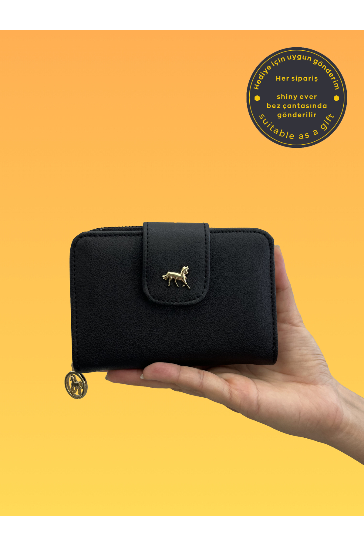 shiny ever  Ortaboy Siyah Kadın Deri Cüzdan Gold Detaylı - Görsel 3