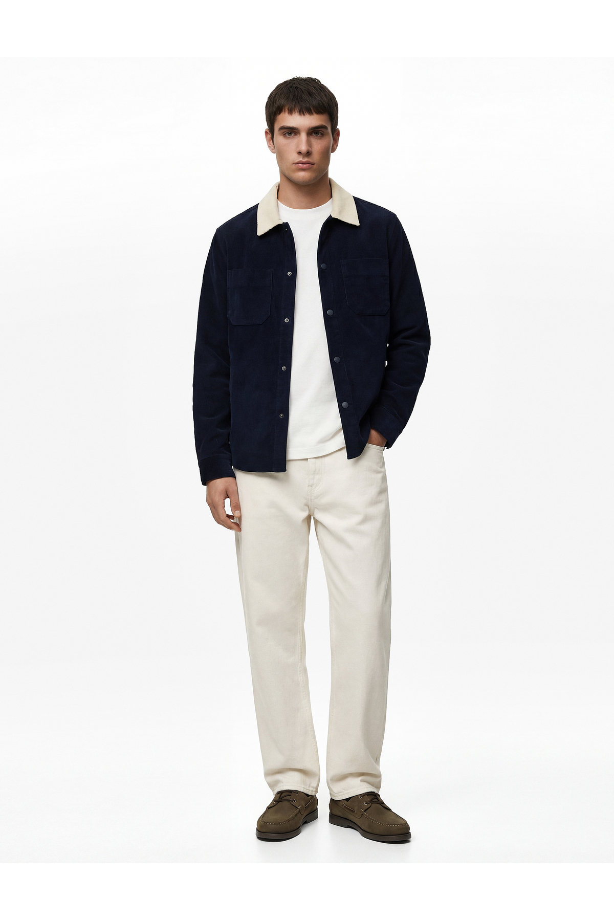 کوتون ژاکت پیراهن جیب‌دار آستین بلند معمولی فیت از جنس مخمل کبریتی با رنگ‌های متضاد و یقه کلاسیک