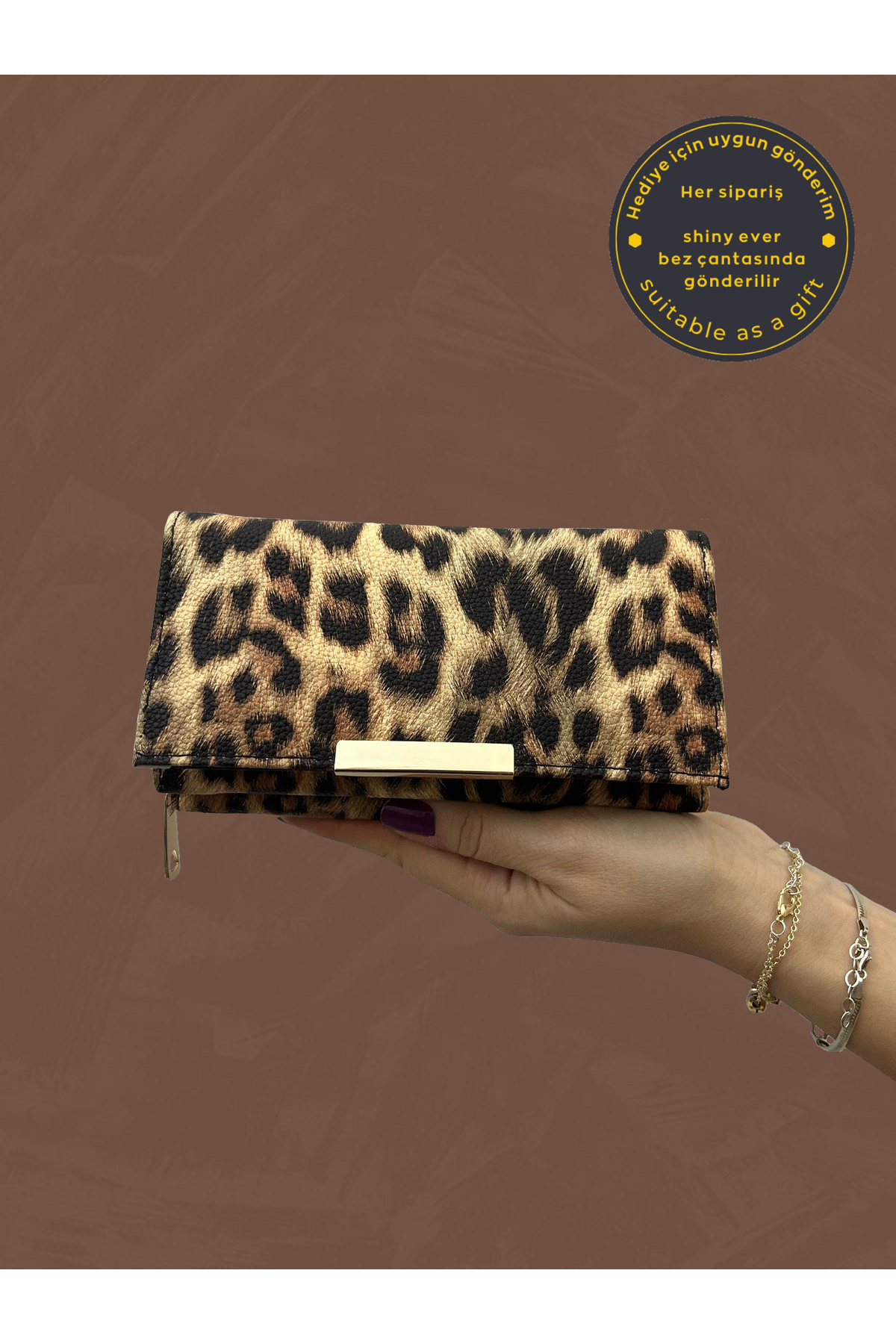 shiny ever  Siyah Krem Leopar Desenli Kadın Deri Cüzdan El Çantası Gold Detaylı