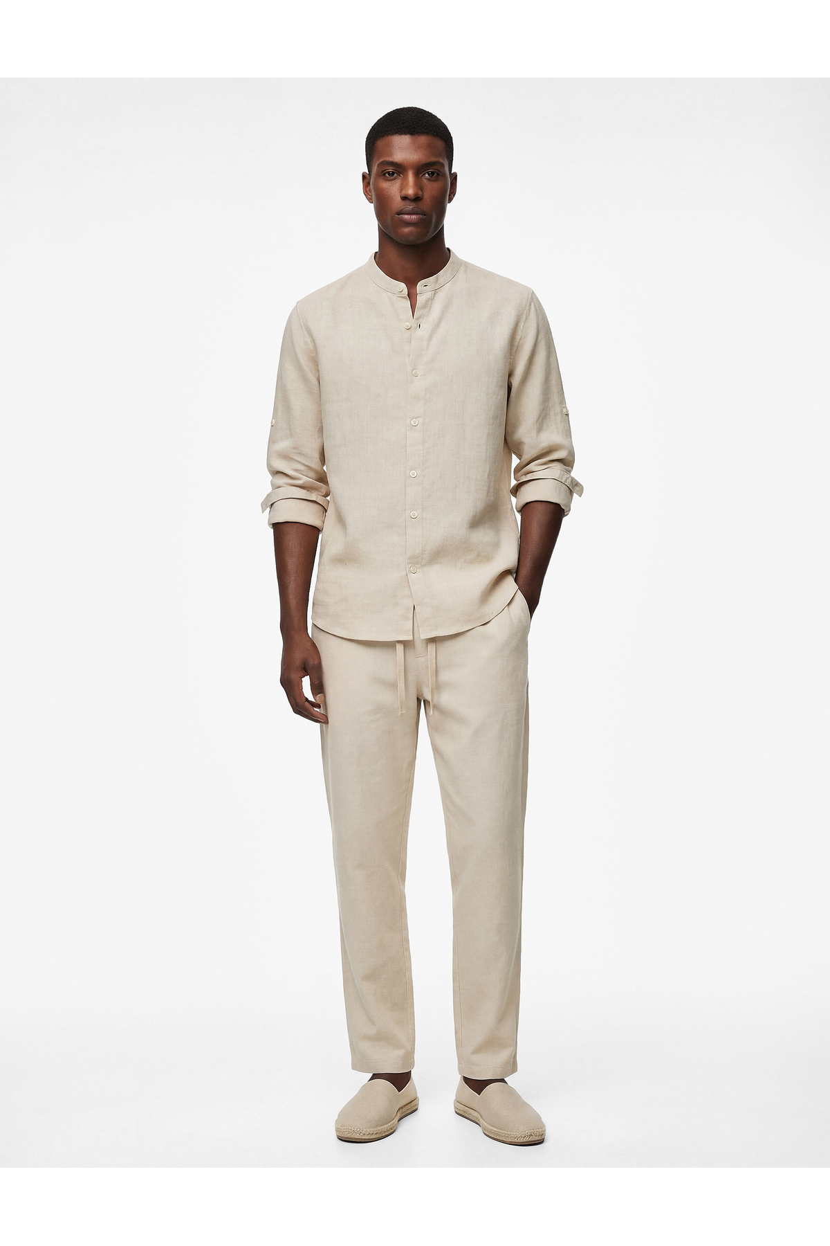 کوتون پیراهن کتان یقه ماندارین دکمه‌دار آستین بلند معمولی فیت