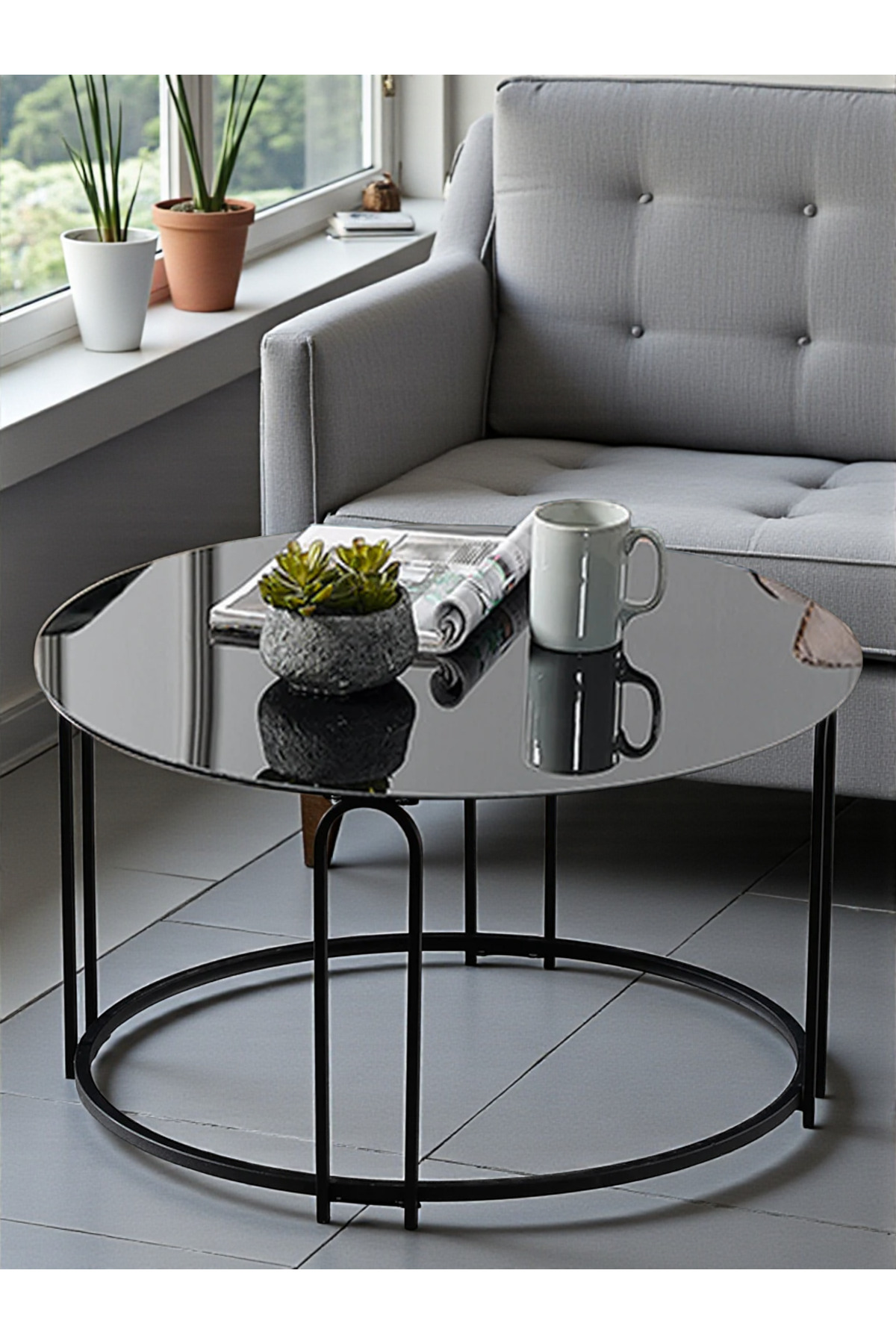 Lenka SİYAH AYNALI TEMPERLİ CAM Orta Sehpa Yuvarlak Siyah Metal - sedaş-lenka-orta-siyah