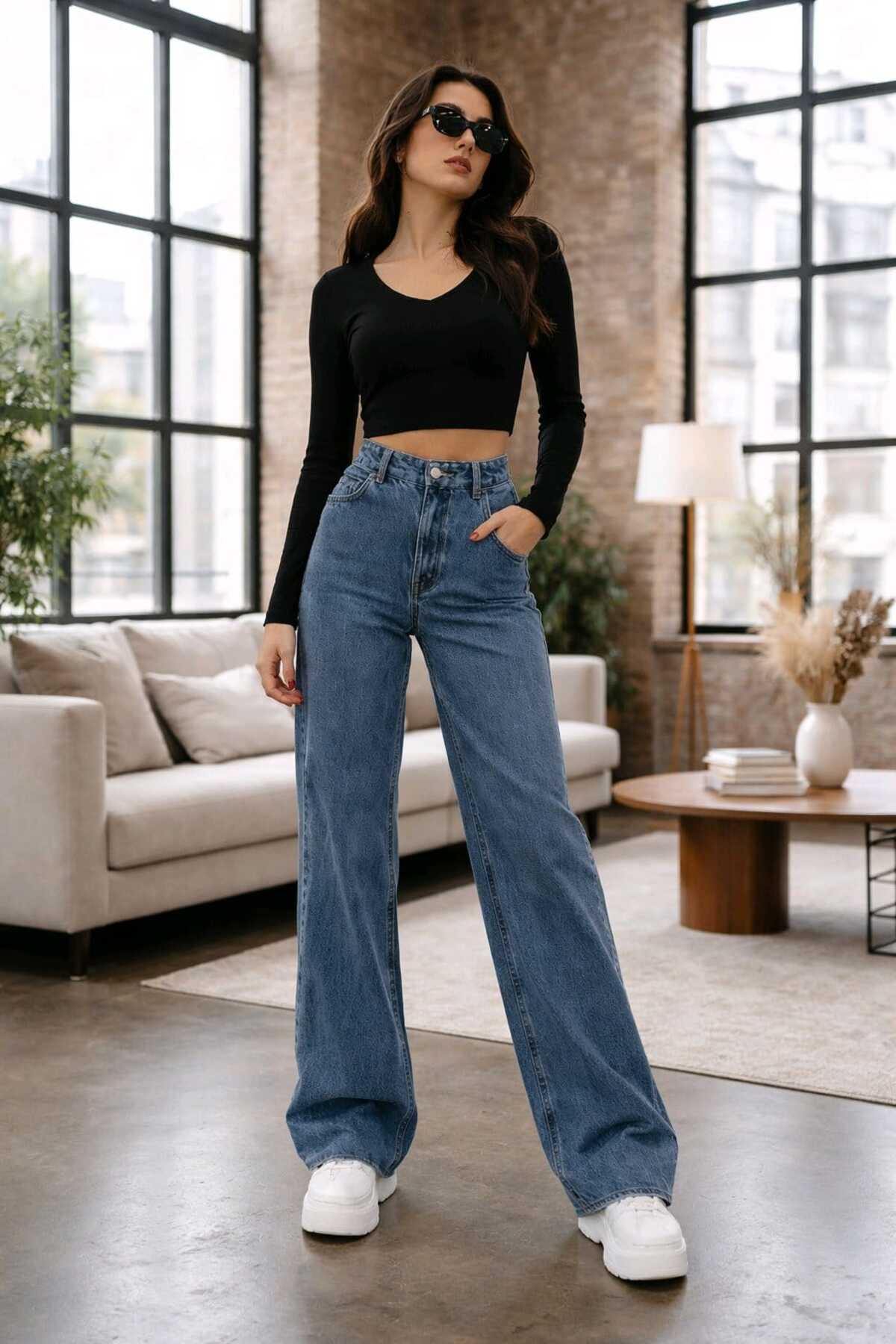 Trn JNS  Meex Orta Kar Süper Yüksek Bel 90's Power Likralı Solmaz Jeans Palazzo Pantolon - Görsel 5