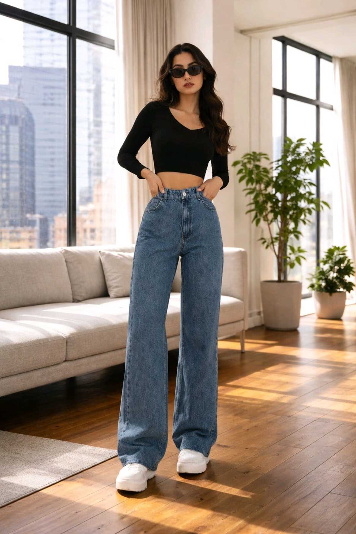 Trn JNS  Meex Orta Kar Süper Yüksek Bel 90's Power Likralı Solmaz Jeans Palazzo Pantolon - Görsel 4