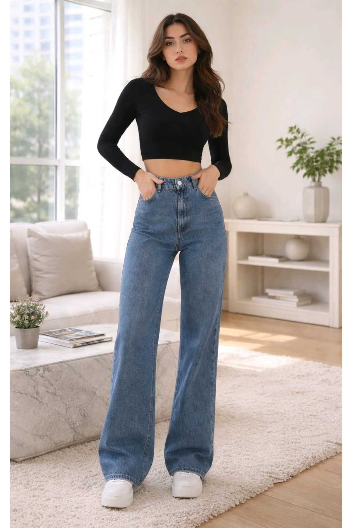 Trn JNS  Meex Orta Kar Süper Yüksek Bel 90's Power Likralı Solmaz Jeans Palazzo Pantolon - Görsel 3