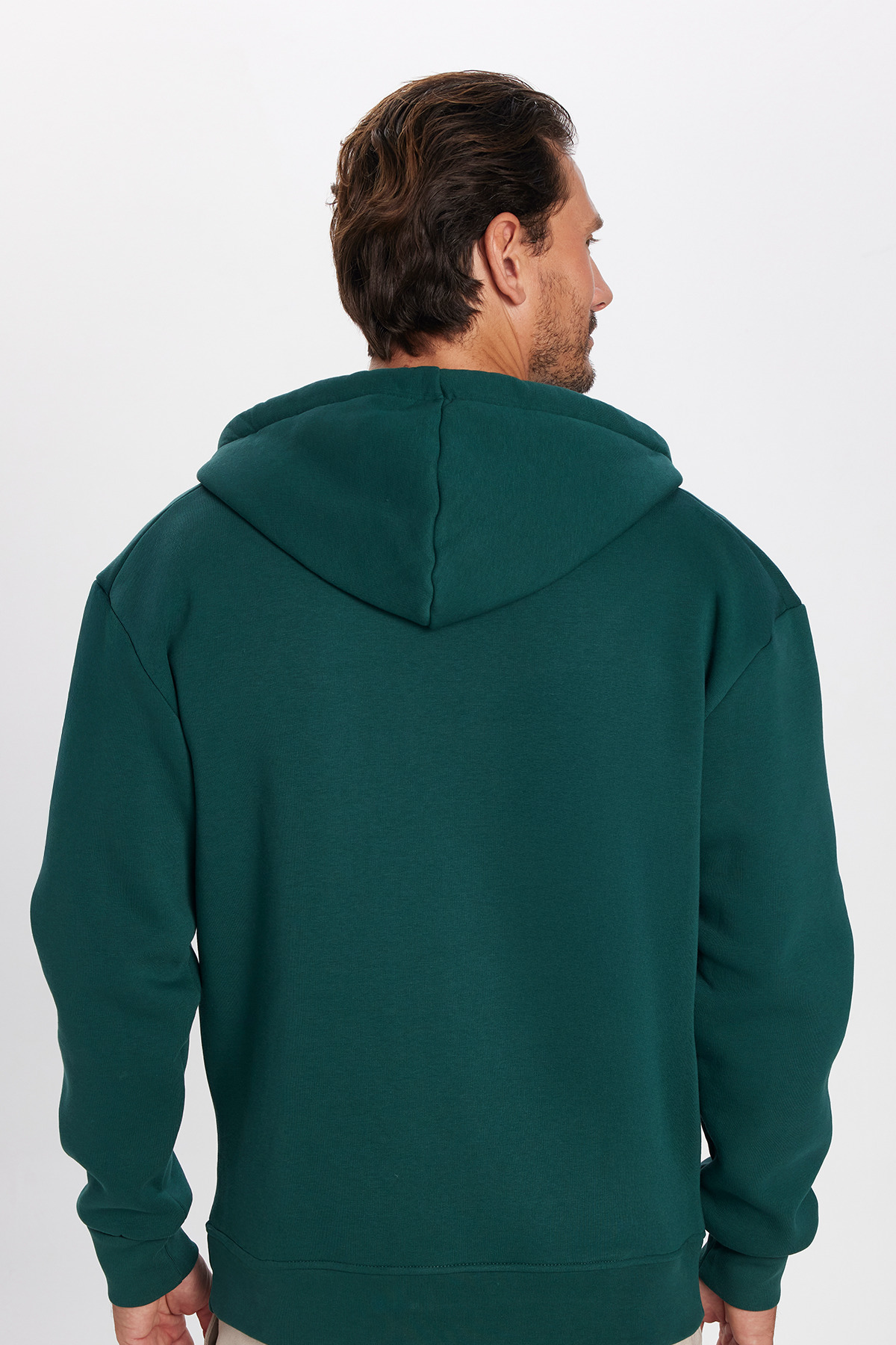 Tudors Unisex Relax Fit Rahat Kesim Pamuklu İçi Polarlı Çift Cepli Fermuarlı Yeşil Kapüşonlu Sweatshirt görsel 5