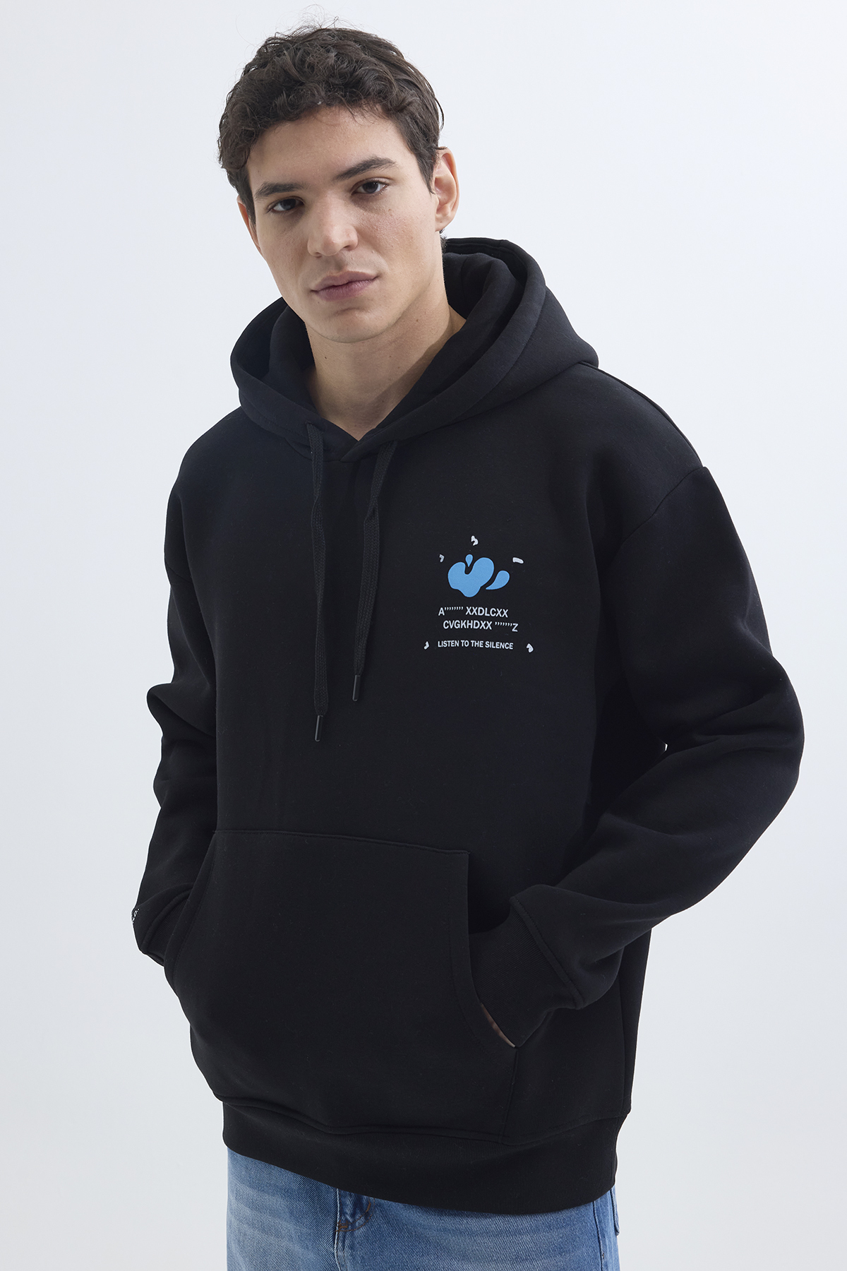 Tudors  Unisex Oversize Geniş Kesim Pamuklu Yumuşak Dokulu İçi Polarlı Baskılı Siyah Kapüşonlu Sweatshirt - Görsel 2