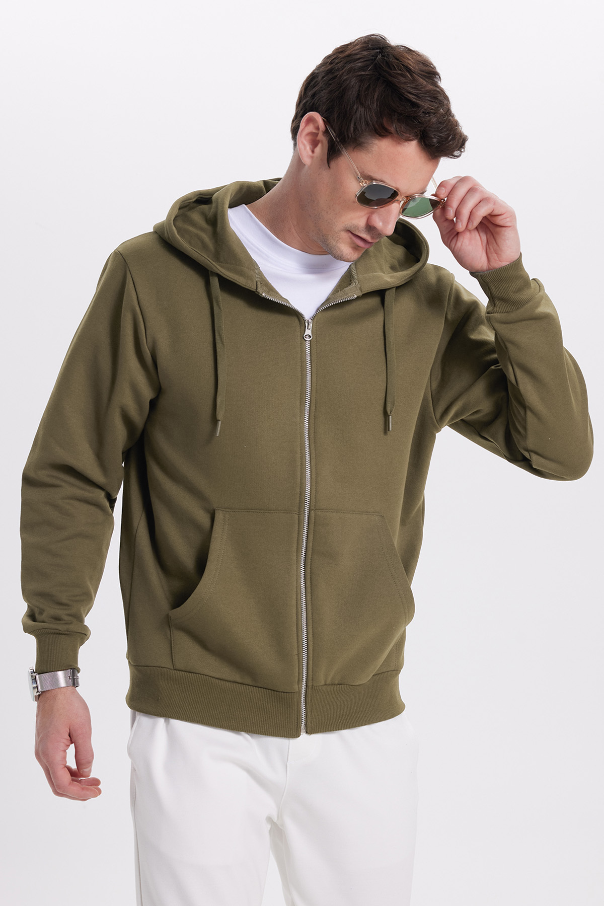 Tudors  Unisex Relax Fit Rahat Kesim Pamuklu İçi Polarlı Çift Cepli Tam Fermuarlı Haki Kapüşonlu Sweat - Görsel 4