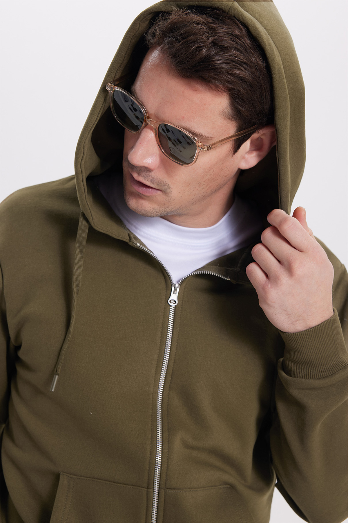 Tudors  Unisex Relax Fit Rahat Kesim Pamuklu İçi Polarlı Çift Cepli Tam Fermuarlı Haki Kapüşonlu Sweat - Görsel 2