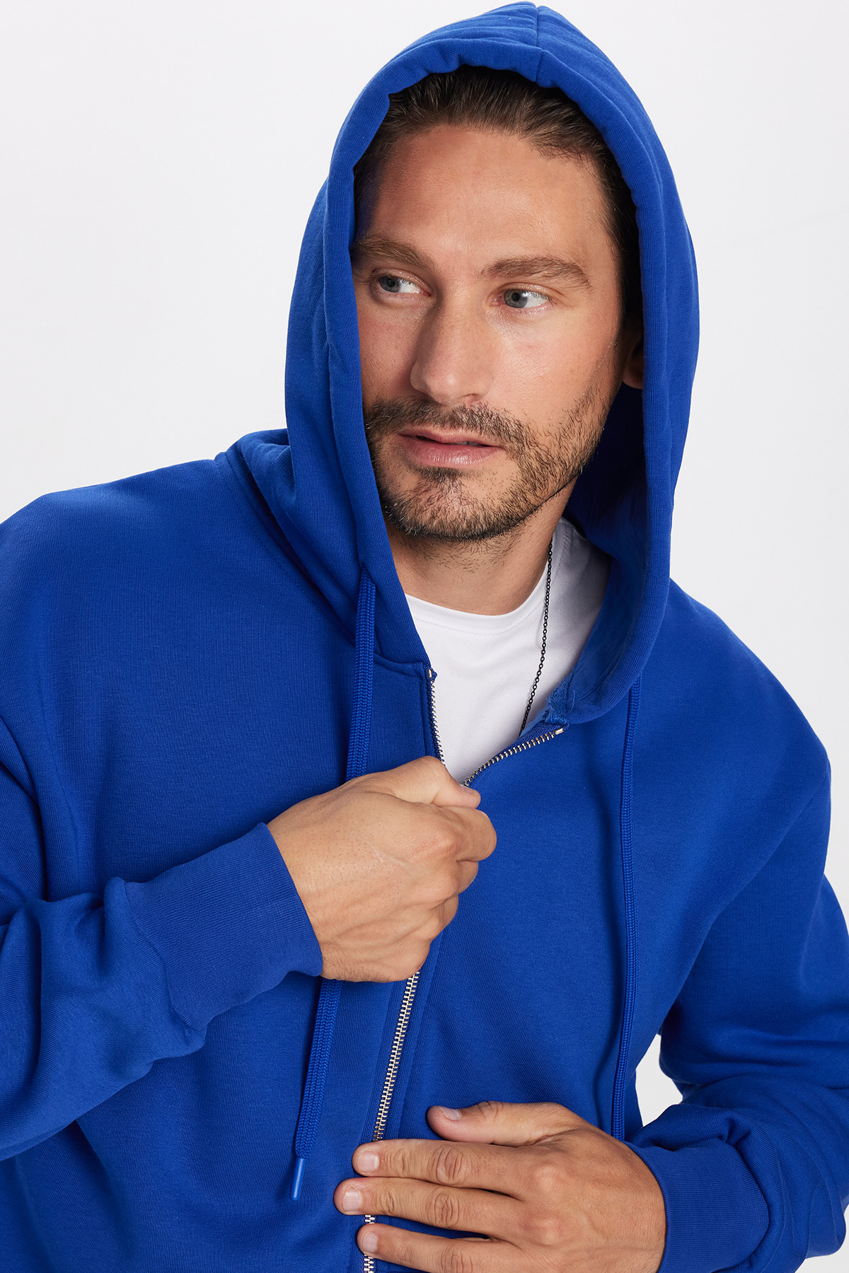 Unisex Relax Fit Rahat Kesim Pamuklu İçi Polarlı Çift Cepli Fermuarlı Sax Mavi Kapüşonlu Sweatshirt — سرمه‌ای SW240013 — تصویر 2 از 6
