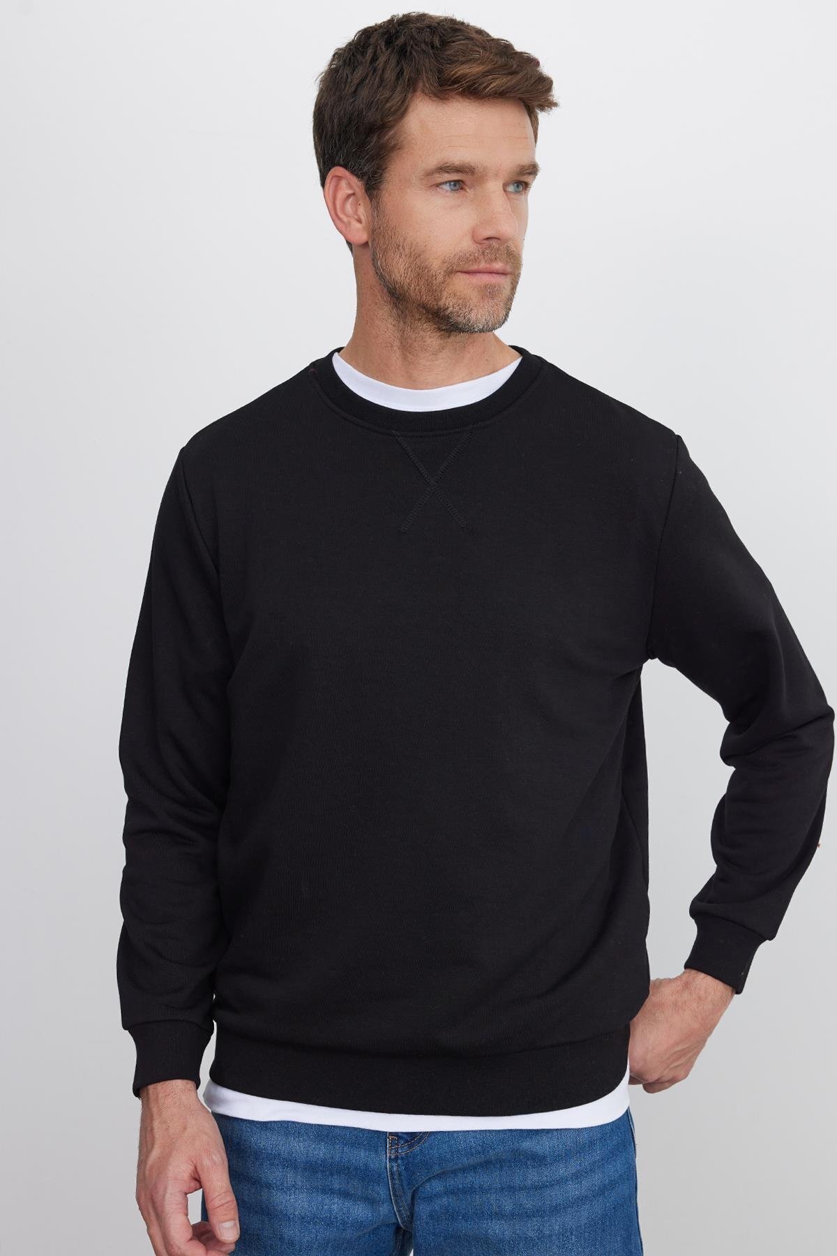 Unisex Relax Fit Rahat Kesim %100 Pamuk 3 İplik Basic Siyah Bisiklet Yaka Sweatshirt 5