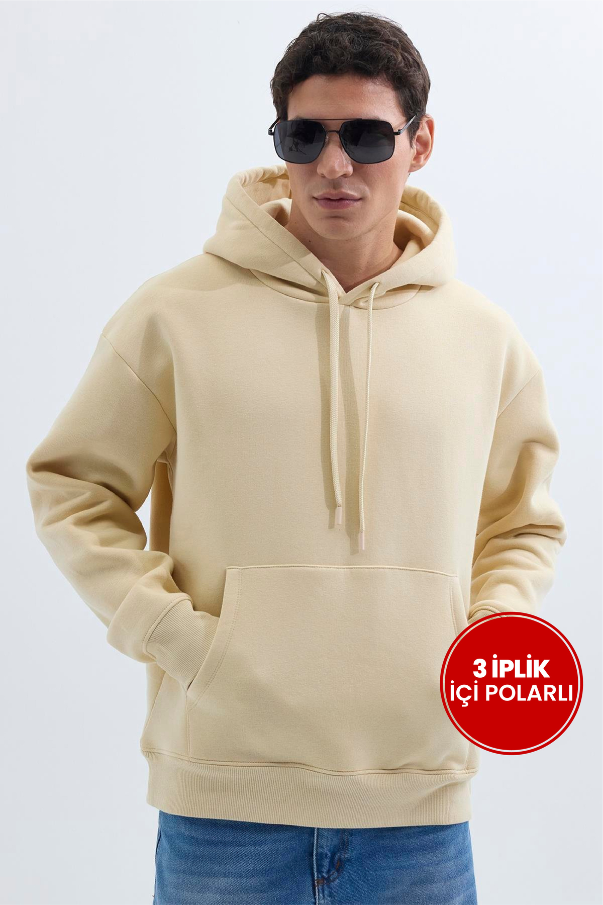 Tudors  Unisex Oversize Geniş Kesim Pamuklu Yumuşak Dokulu İçi Polarlı Basic Bej Kapüşonlu Sweatshirt