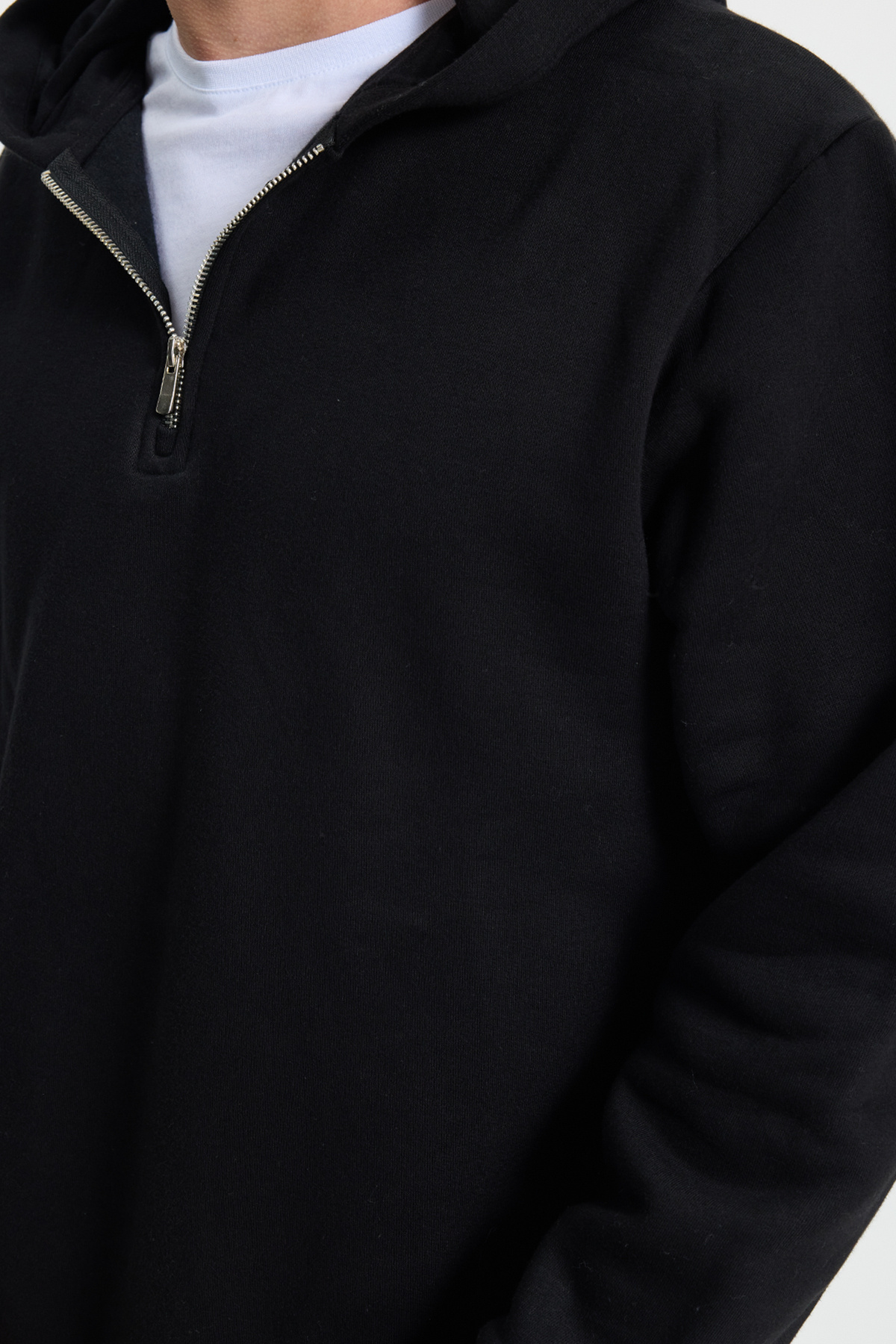 Tudors  Unisex Relax Fit Rahat Kesim Pamuklu İçi Polarlı Yarım Fermuarlı Siyah Kapüşonlu Sweatshirt - Görsel 6